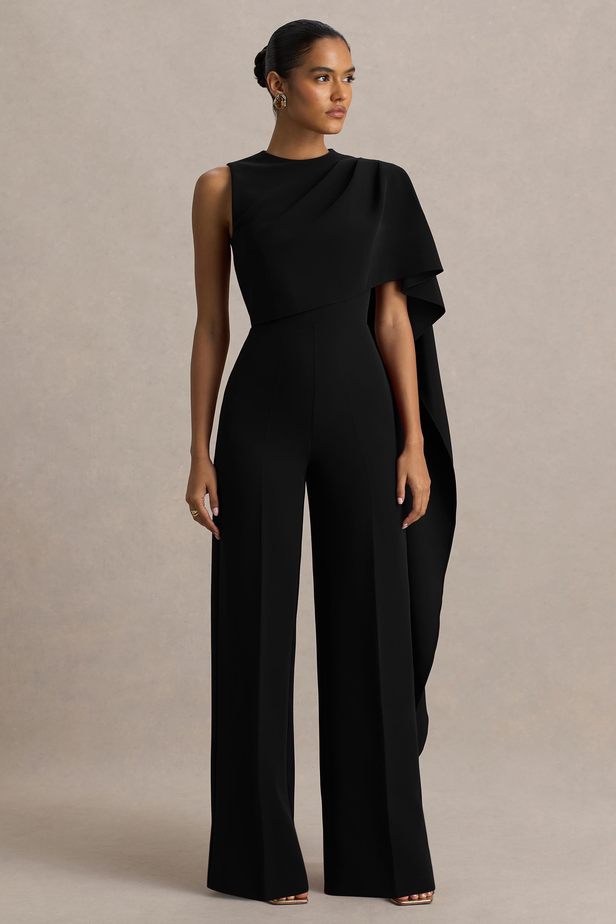 Sorenia | Black High-Neck Jumpsuit With One-Cape Sleeve – Club L