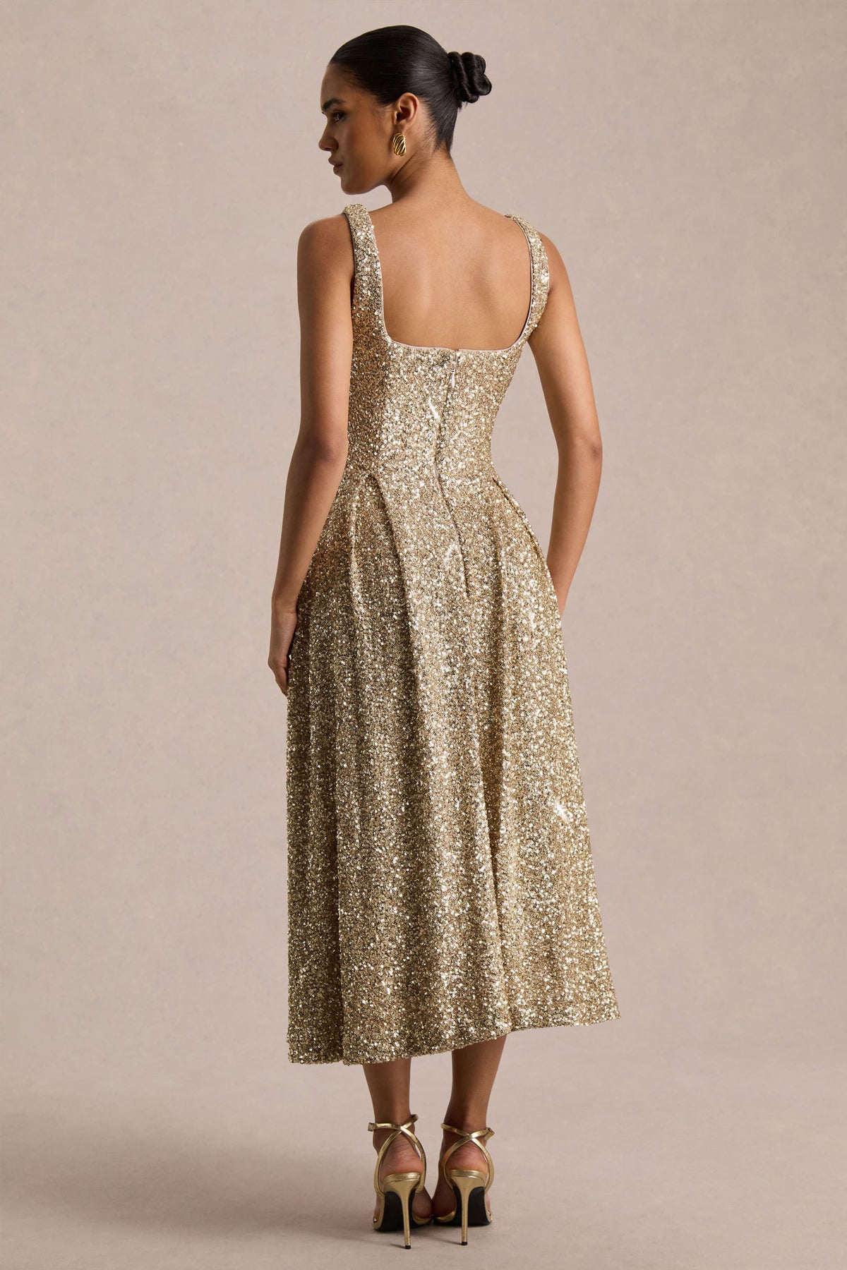 Lima | Champagne Sequin Square-Neck A-Line Midi Dress - UK 8 Champagne Lima | Champagne Sequin Square-Neck A-Line Midi Dress - UK 8 Champagne