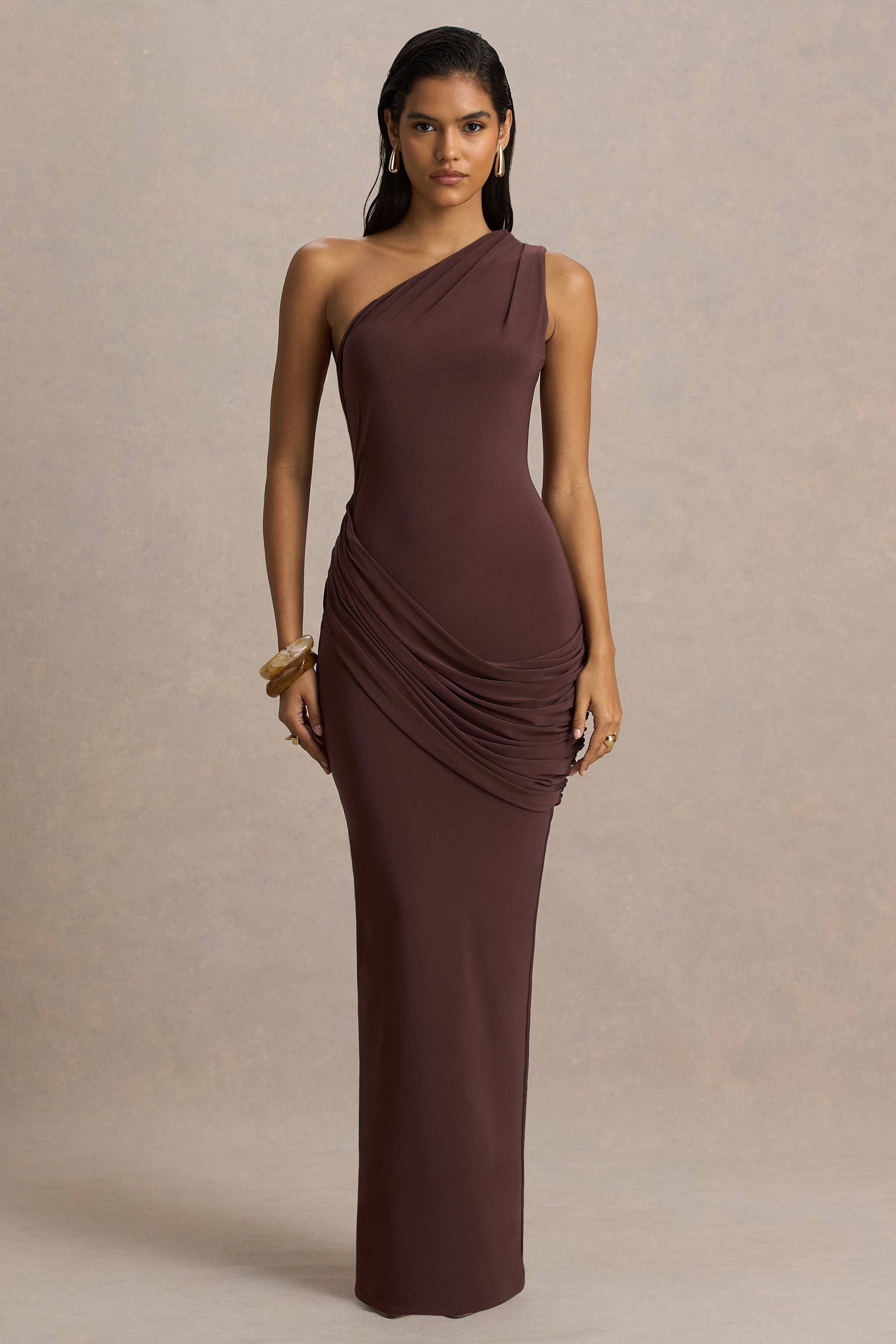Elisa | Brown Asymmetric-Neck Maxi Dress With Open-Back And Ruched