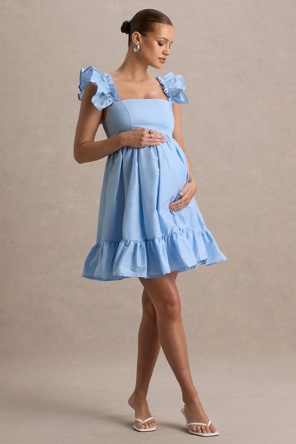 Dolly Daze | Powder Blue Ruffle Sleeve Babydoll Maternity Mini Dress US 4 / Powder Blue Dolly Daze | Powder Blue Ruffle Sleeve Babydoll Maternity Mini Dress US 4 / Powder Blue