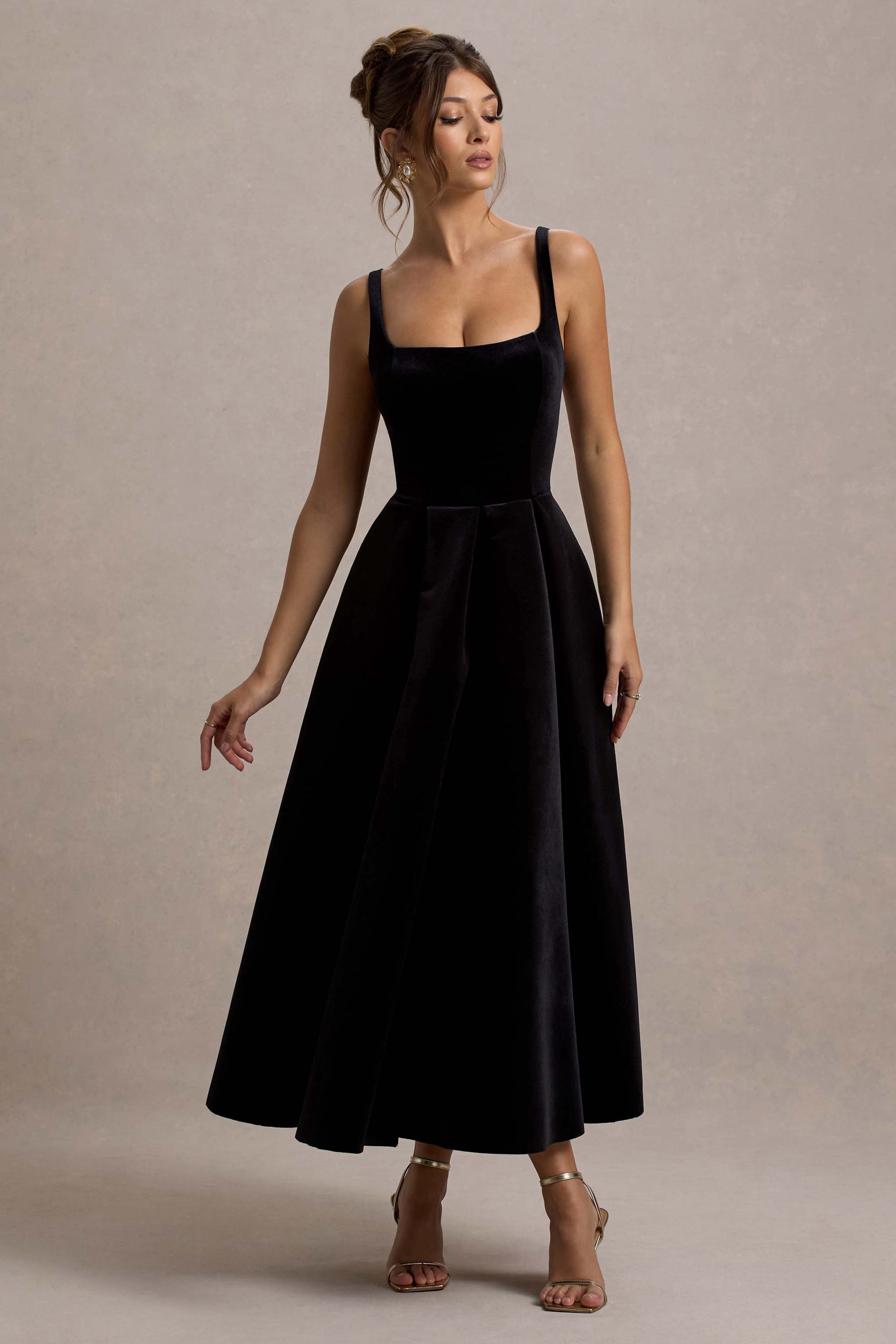 bec and bridge black velvet dress Francisca | Black Velvet Strappy Volume-Hem Midi Dress