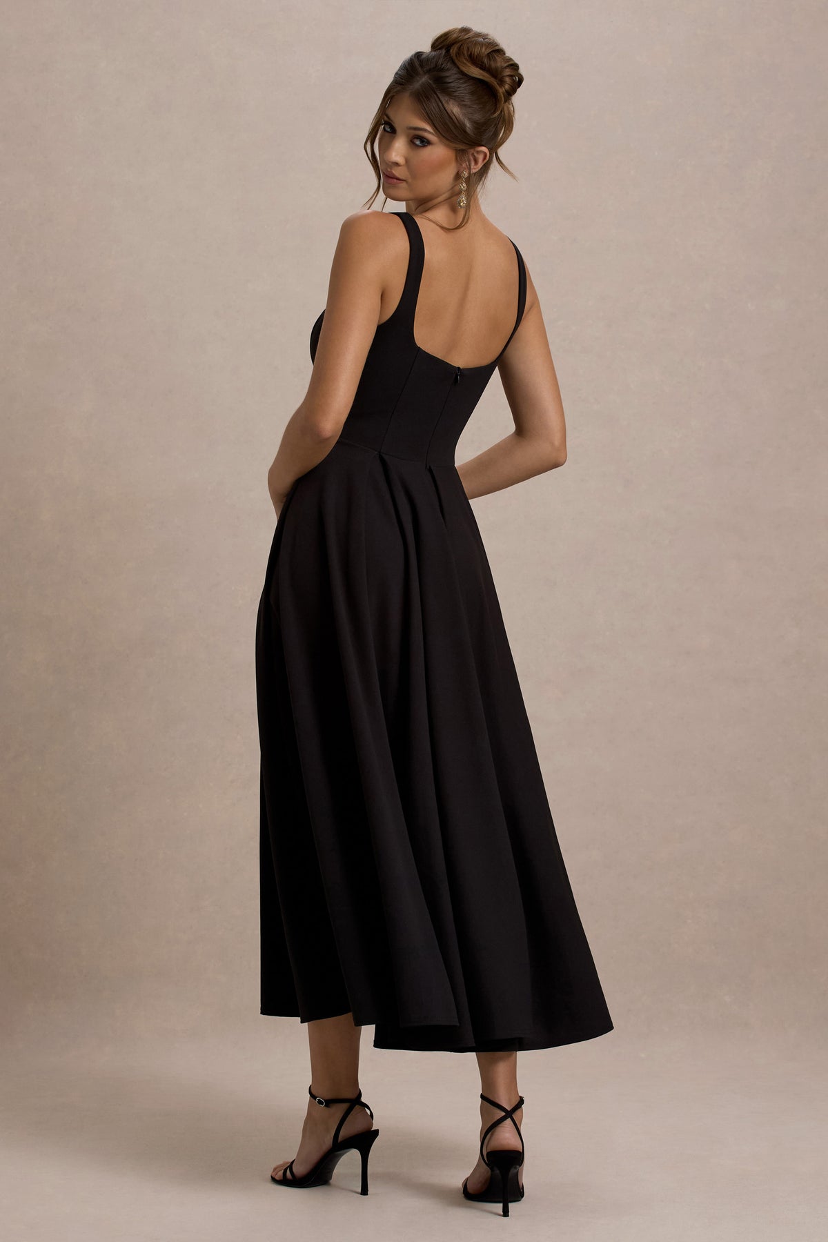 Parina | Black Strappy Volume-Hem Midi Dress, US 12 / Black Parina | Black Strappy Volume-Hem Midi Dress, US 12 / Black