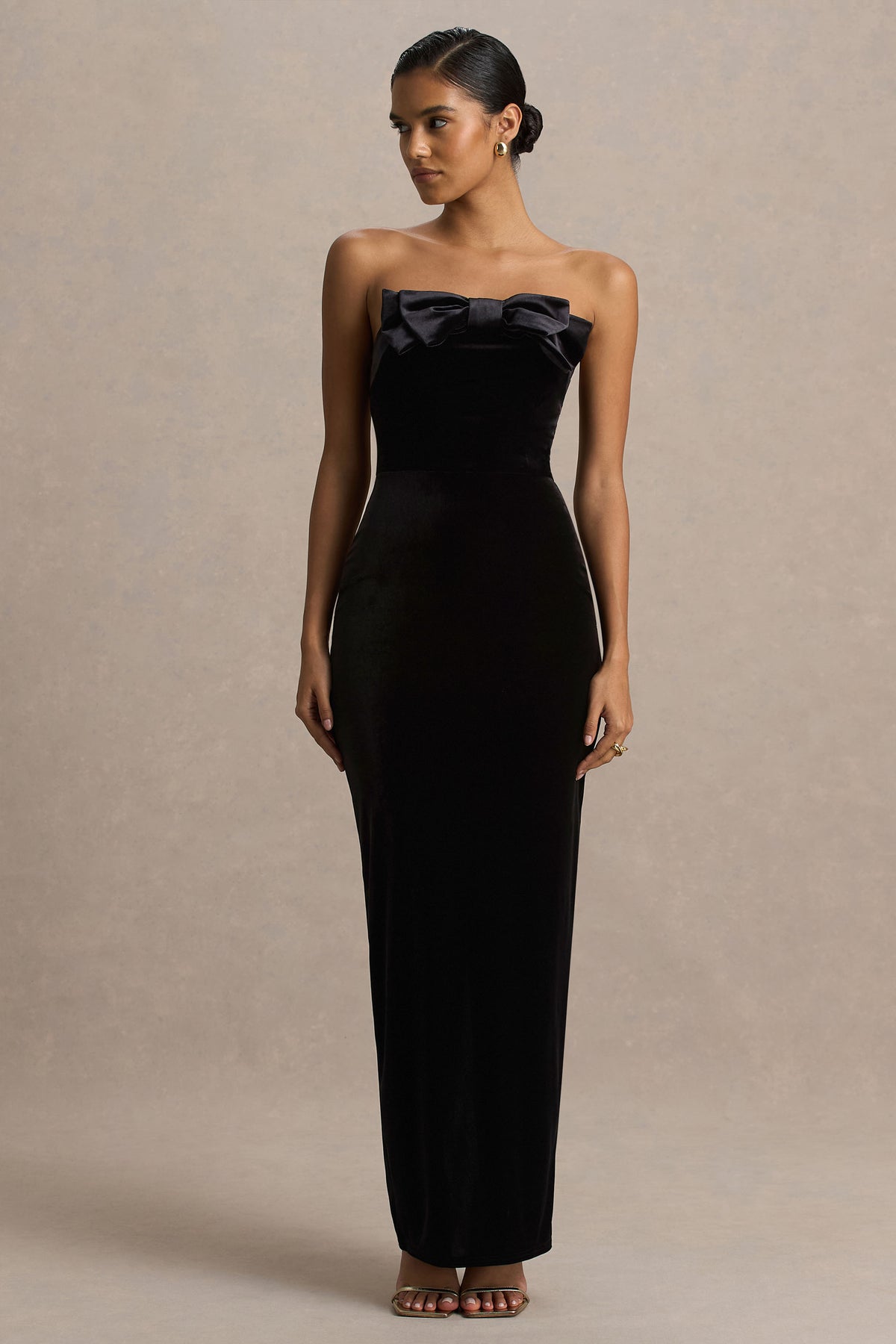 Illusion | Black Velvet Bandeau Maxi Dress With Bow Detail - UK 12 Black Illusion | Black Velvet Bandeau Maxi Dress With Bow Detail - UK 12 Black