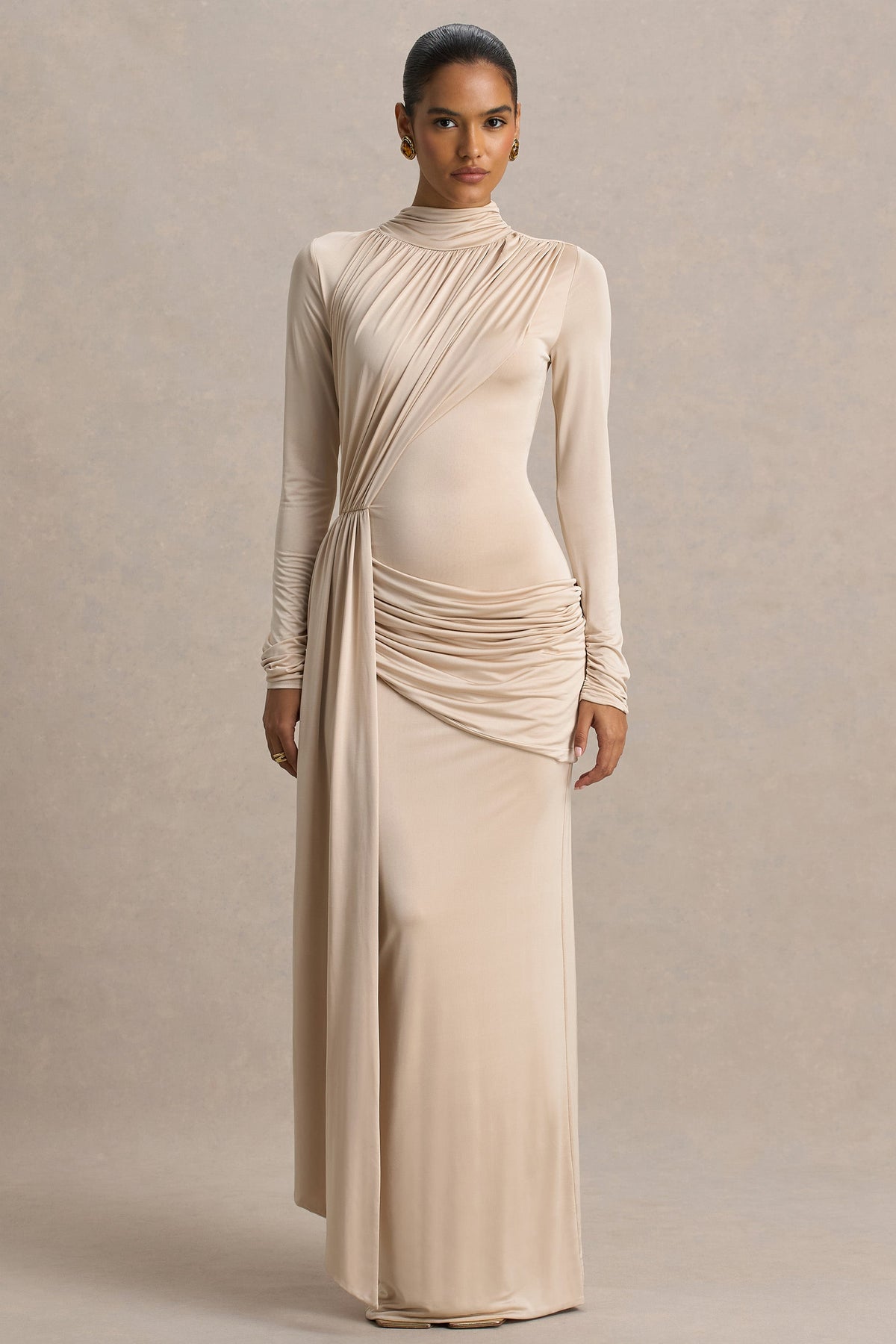 Romi | Champagne High-Neck Maxi Dress With Ruched Detailing - UK 6 Champagne Romi | Champagne High-Neck Maxi Dress With Ruched Detailing - UK 6 Champagne
