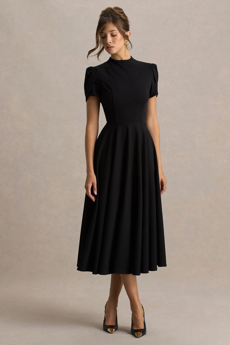 Vicky Black High Neck Midi Dress With Puff Sleeves Club L London - USA Vicky Black High Neck Midi Dress With Puff Sleeves Club L London - USA