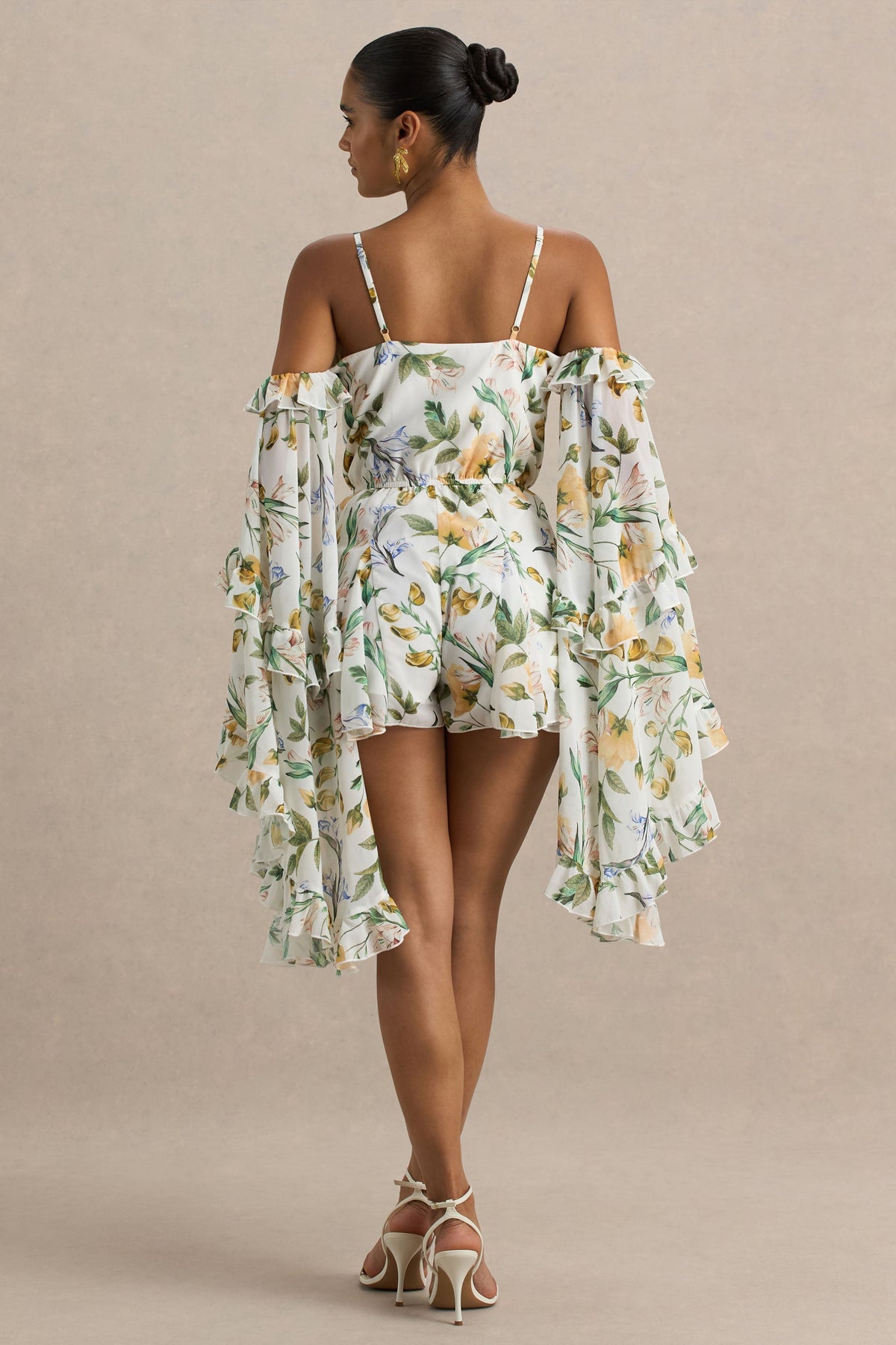 Anaya | White Botanical Print Chiffon Playsuit With Long Sleeves