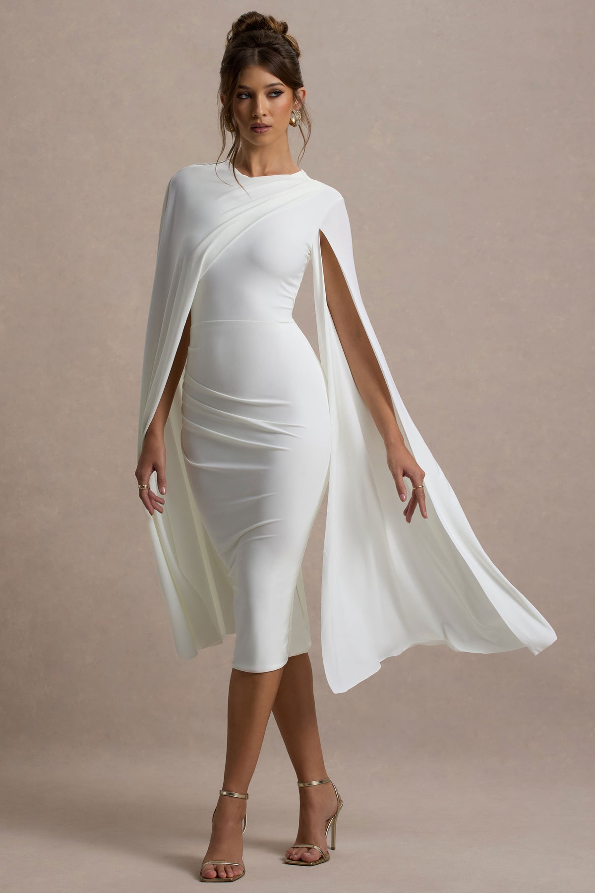 Marysol White Asymmetric Cape Midi Dress Club L London - USA Marysol White Asymmetric Cape Midi Dress Club L London - USA