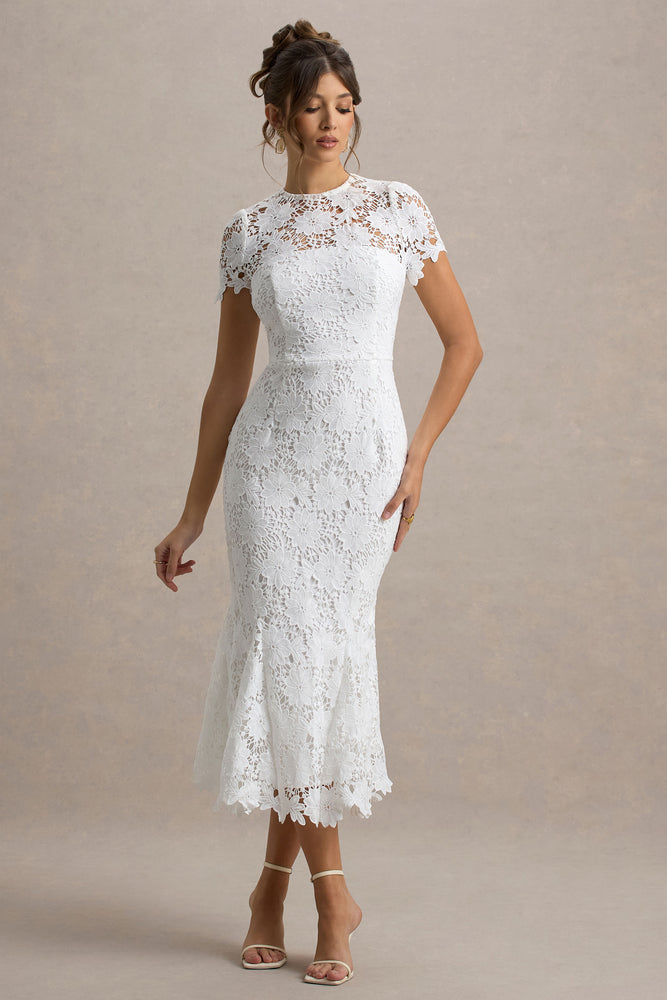 Clarissa | White Lace Crew-Neck Short-Sleeve Midi Dress - UK 8 White Clarissa | White Lace Crew-Neck Short-Sleeve Midi Dress - UK 8 White
