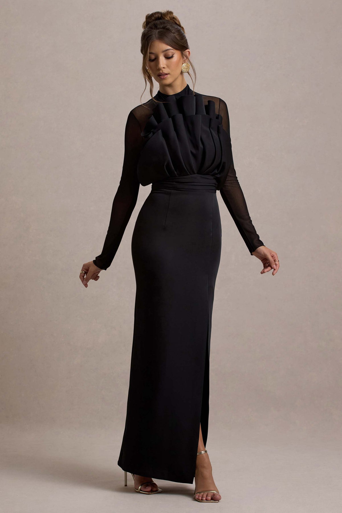 Alder Black Mesh Long-Sleeve Ruffled Split Maxi Dress Club L London - USA Alder Black Mesh Long-Sleeve Ruffled Split Maxi Dress Club L London - USA