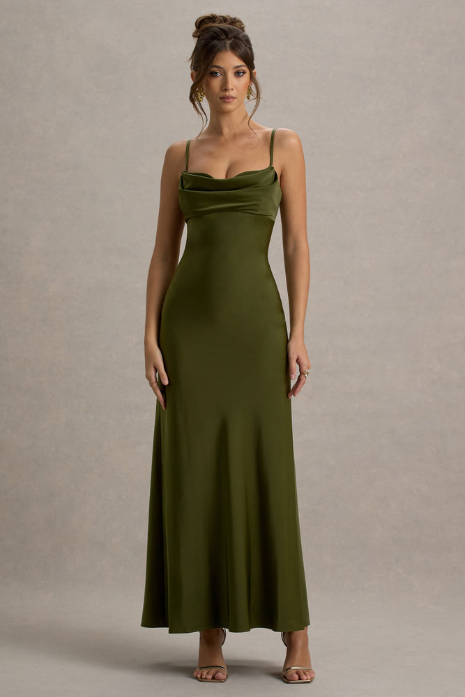 Eimear Olive Green Satin Draped Sweetheart Maxi Dress  Club L London - USA