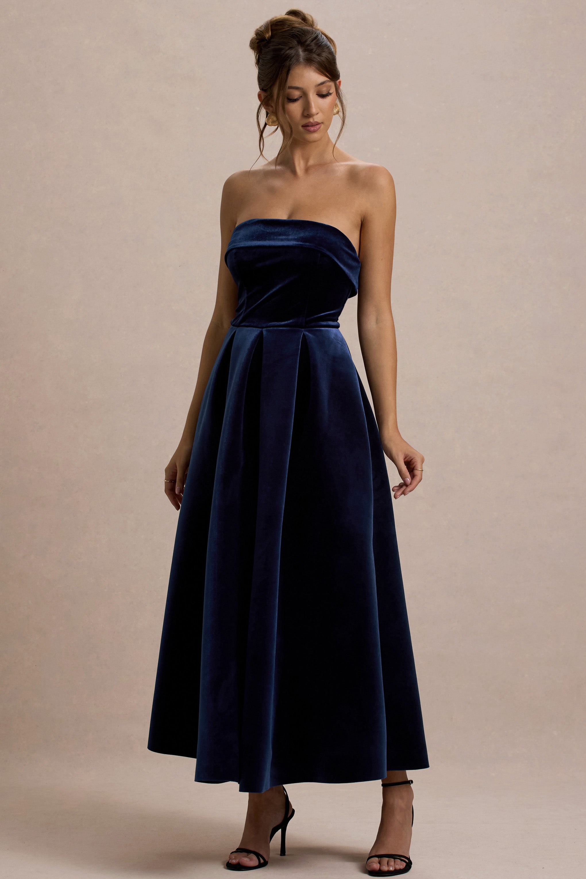 Addina | Navy Velvet Bandeau Skater Midi Dress – Club L London - USA