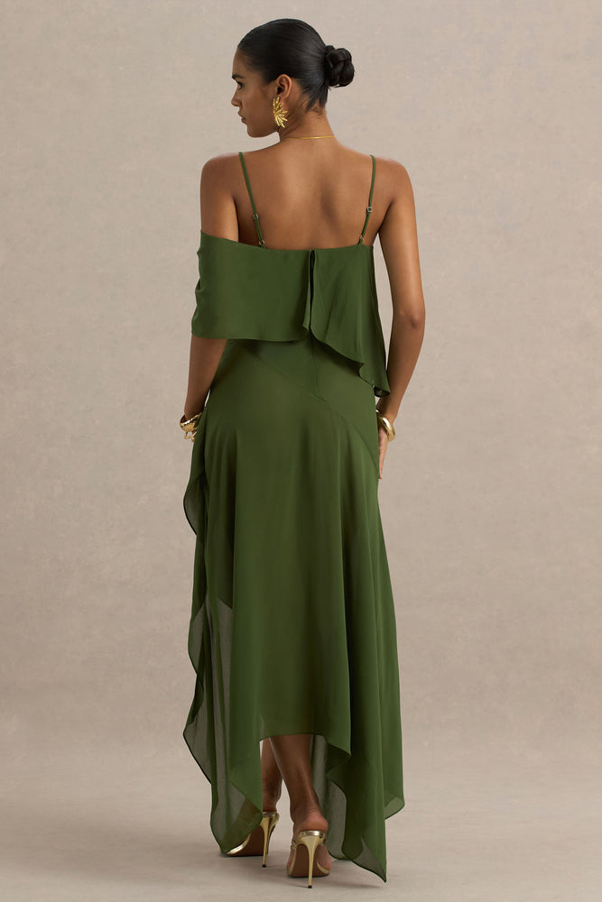 Tiara Green Asymmetric Midi Dress With Draping Detailing and Open-Ba – Club  L London