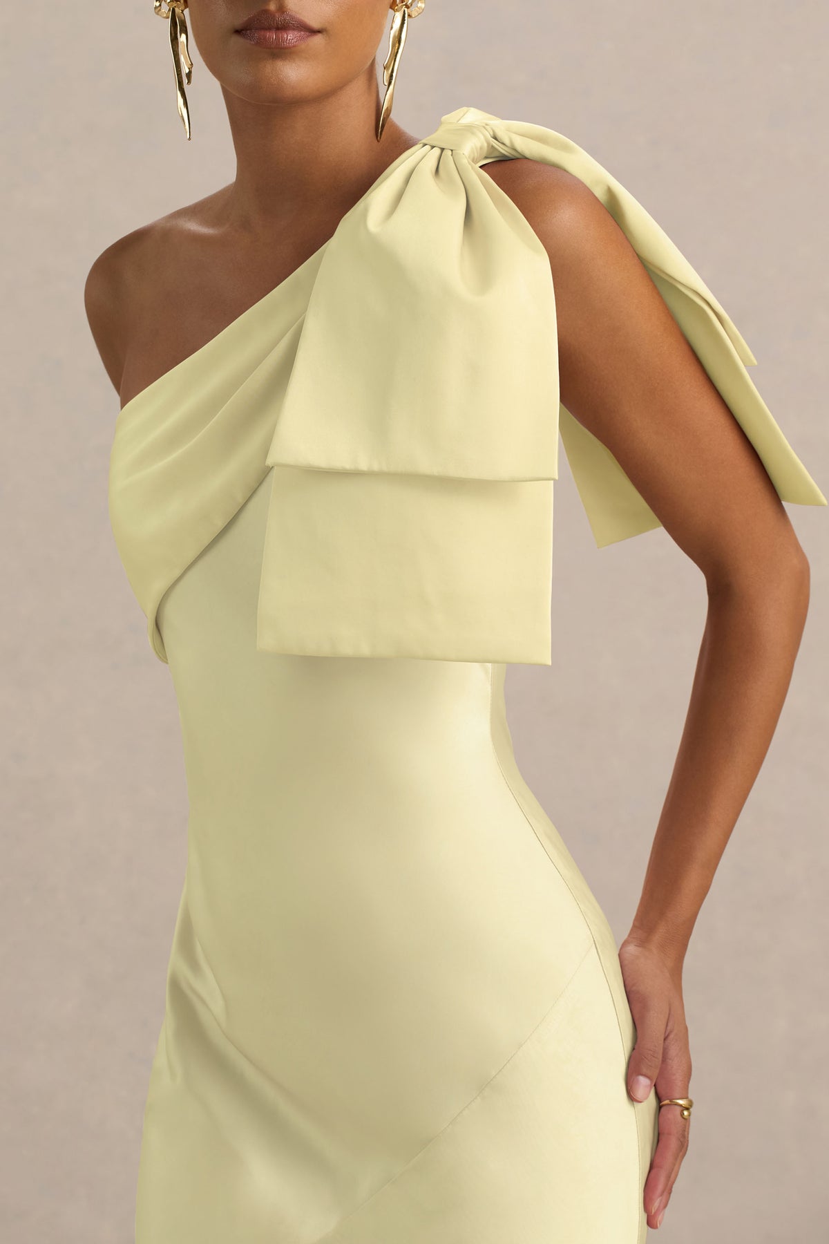 Valerie Lemon Satin Asymmetric-Neck Maxi Dress With Bow Detail Club L London - USA Valerie Lemon Satin Asymmetric-Neck Maxi Dress With Bow Detail Club L London - USA