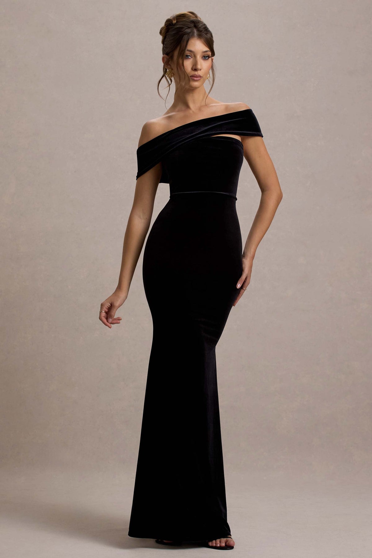 Candela | Black Velvet Asymmetric Bardot Maxi Dress US 8 / Black Candela | Black Velvet Asymmetric Bardot Maxi Dress US 8 / Black