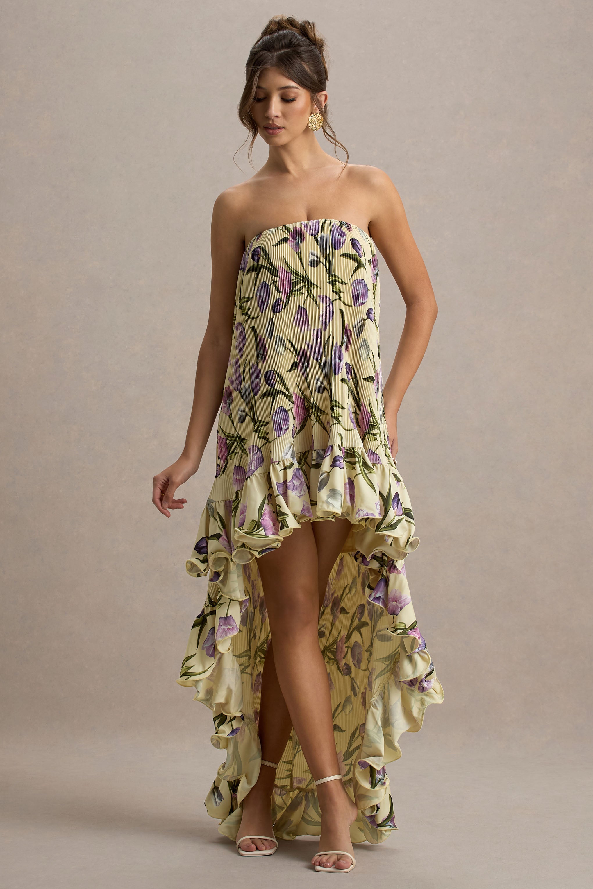Whistler | Tulip Floral Print Chiffon Bandeau High-Low Ruffled