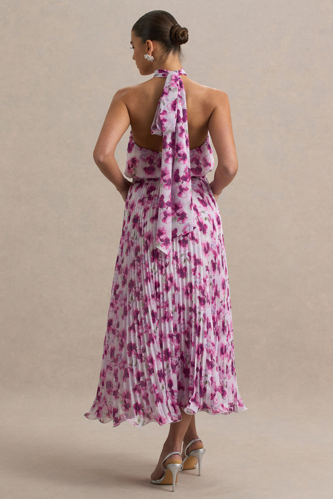 Refractive Purple Floral Print Satin Maxi Dress With Halter-Neck and Club L London - USA Refractive Purple Floral Print Satin Maxi Dress With Halter-Neck and Club L London - USA