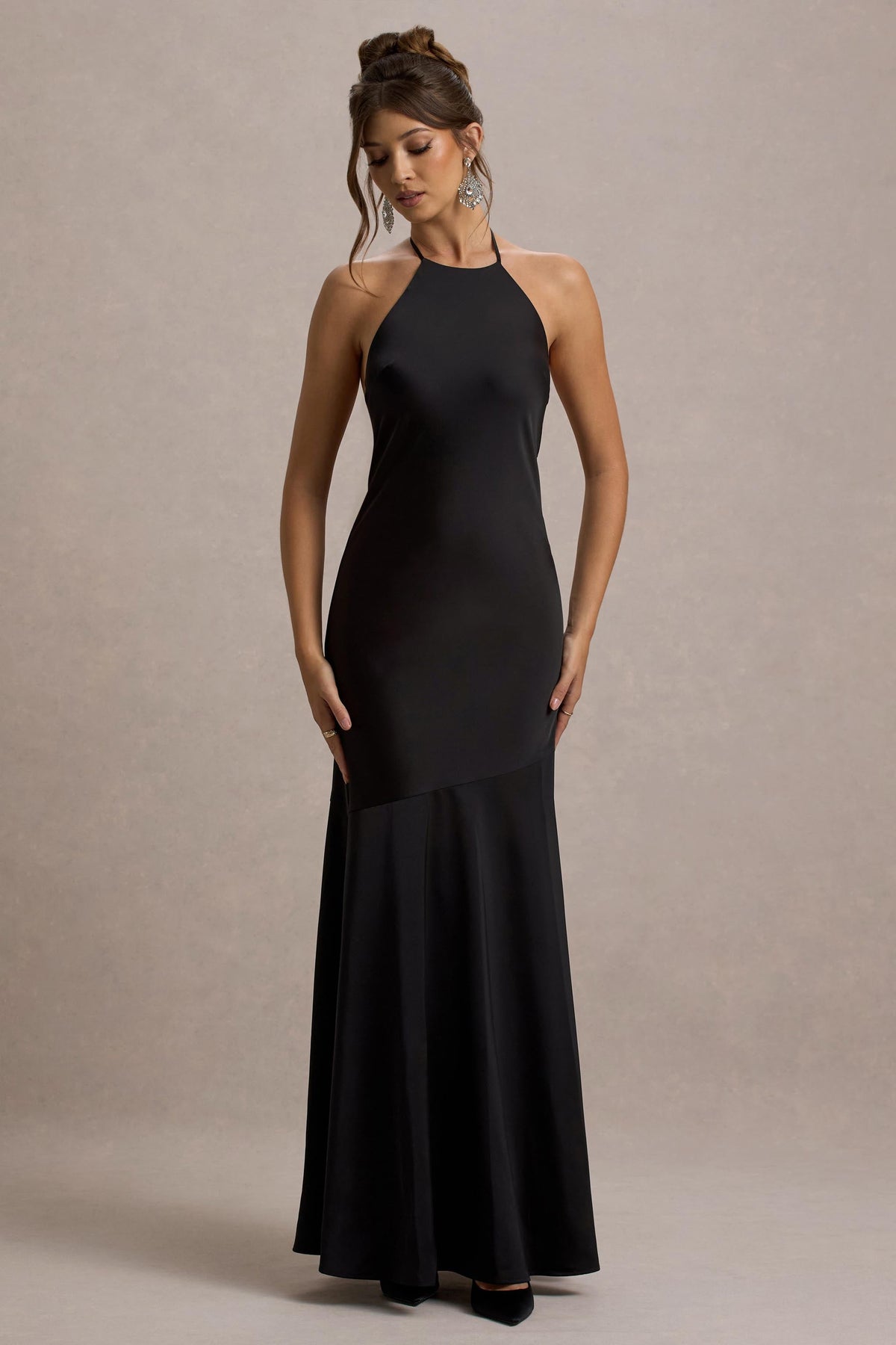 Formal Dresses Black Satin Wrap Skirt Backless Midi Dress Frida Black Satin Halter-Neck Backless Maxi Formal Dresses Black Satin Wrap Skirt Backless Midi Dress Frida Black Satin Halter-Neck Backless Maxi