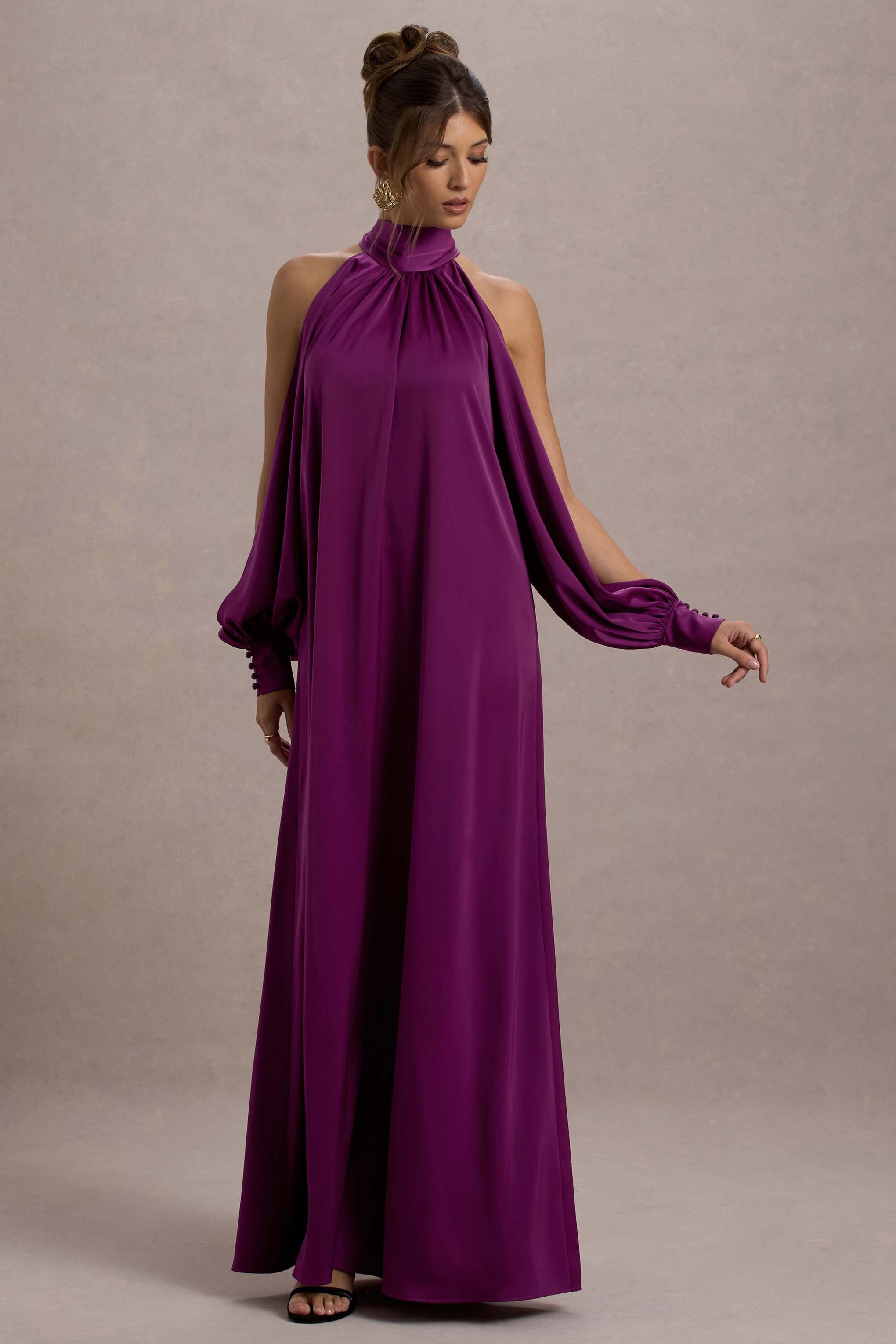 Baila | Mulberry Satin High-Neck Cape-Sleeve Maxi Dress – Club L