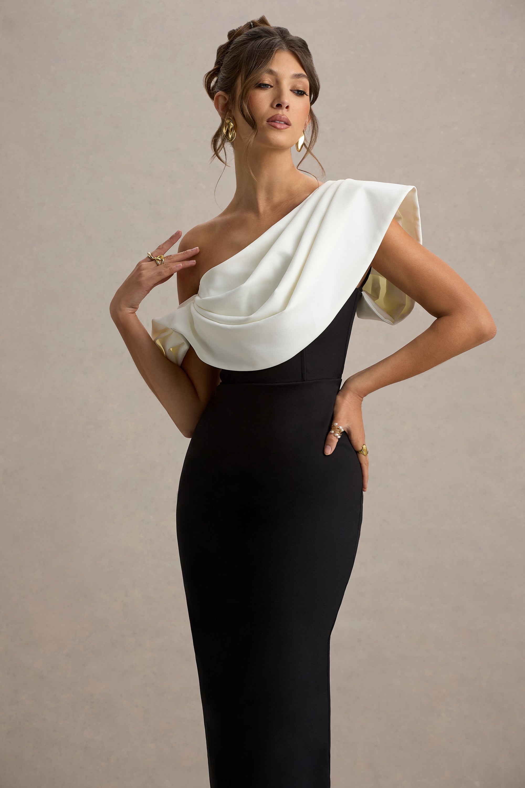 black and white one shoulder dress Black and White Dress - One-Shoulder Maxi Dress - Bow Maxi Dress