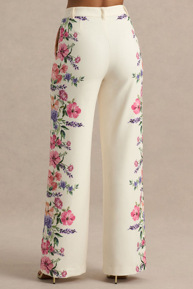 Solana White Floral Border Print Wide-Leg Trousers – Club L London
