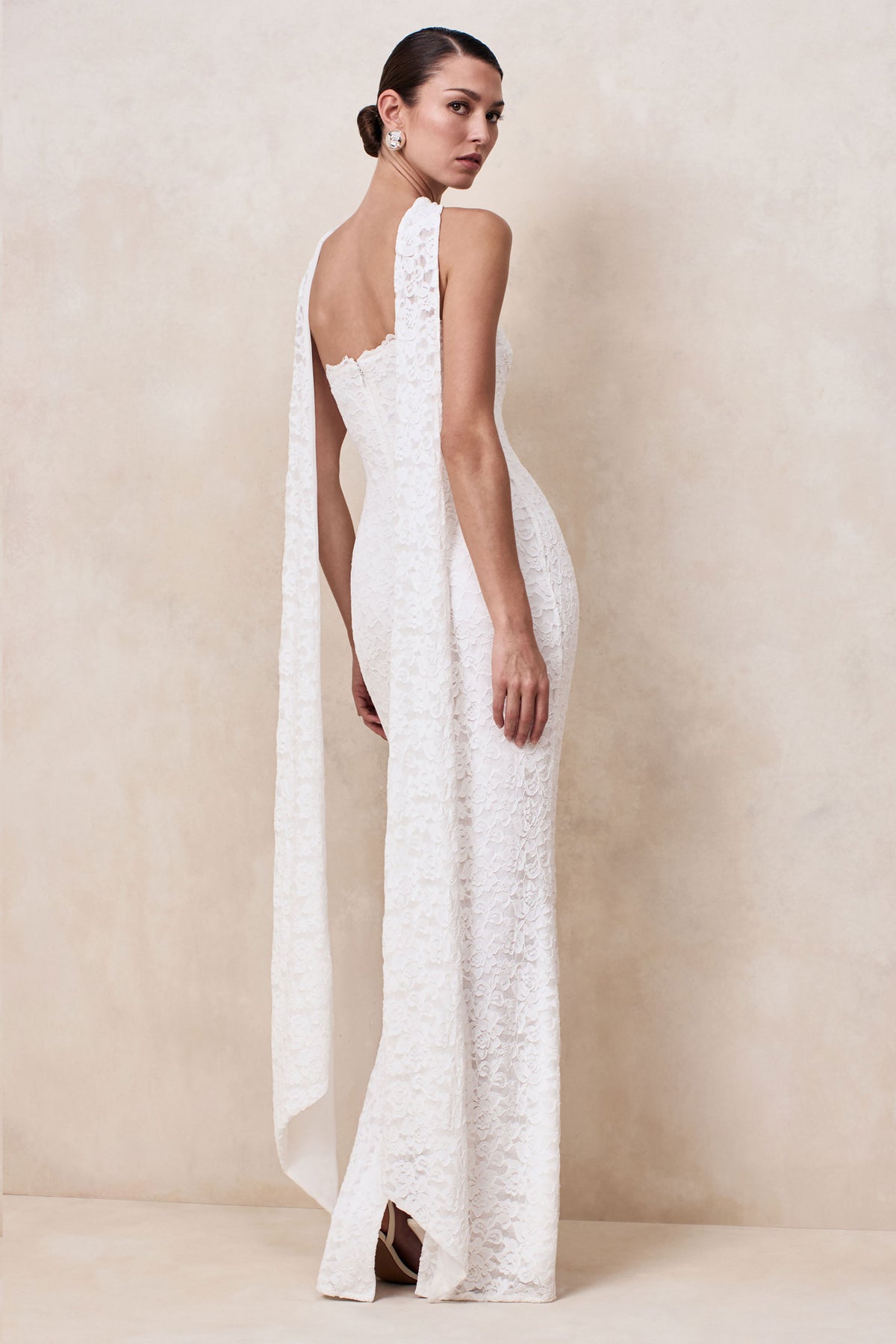 Massima White Lace Bandeau Maxi Dress With Scarf-Detail Club L London - USA Massima White Lace Bandeau Maxi Dress With Scarf-Detail Club L London - USA
