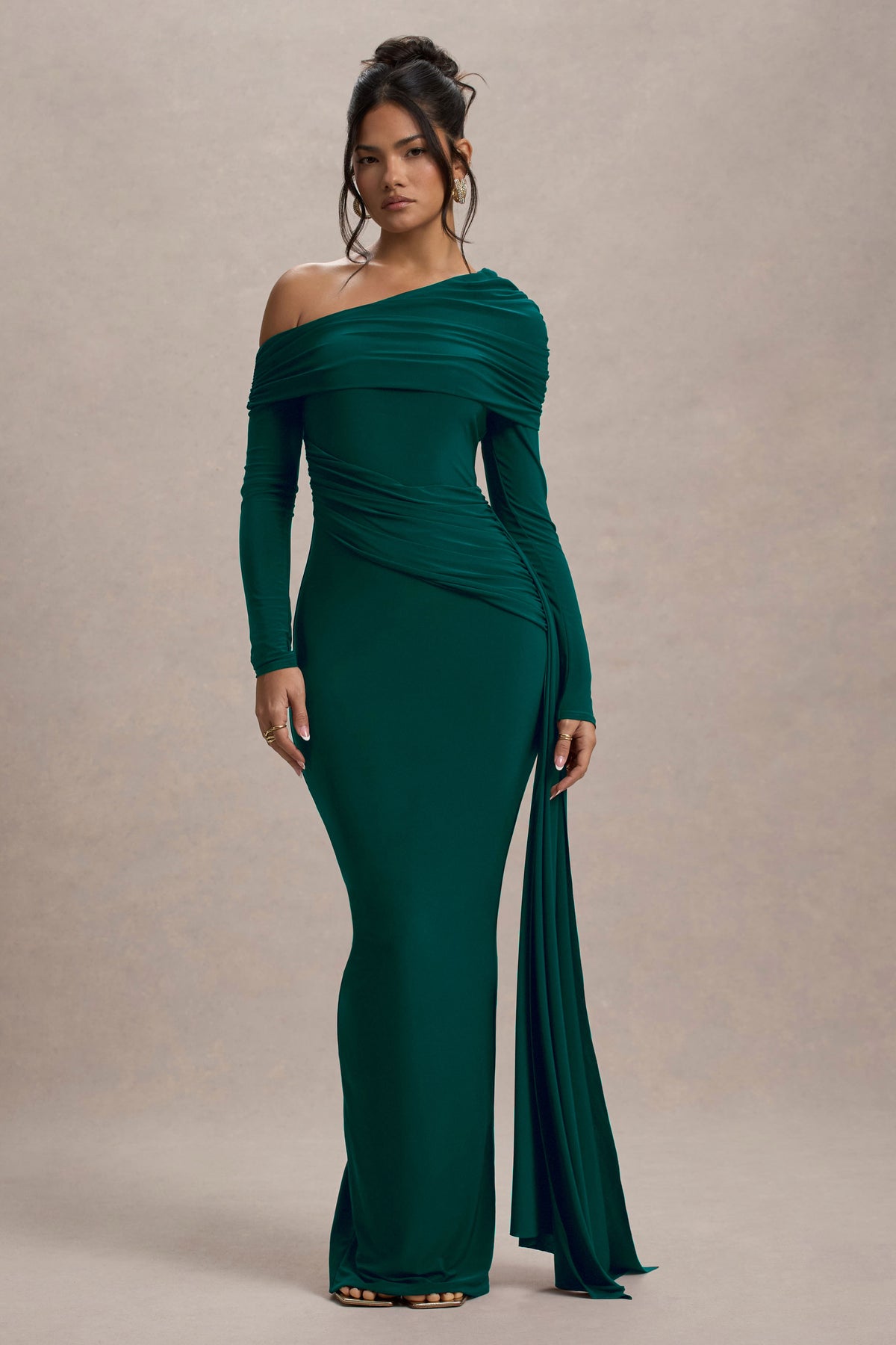 Valina | Green Ruched Asymmetric Maxi Dress with Drape - UK 6 Bottle Green Valina | Green Ruched Asymmetric Maxi Dress with Drape - UK 6 Bottle Green