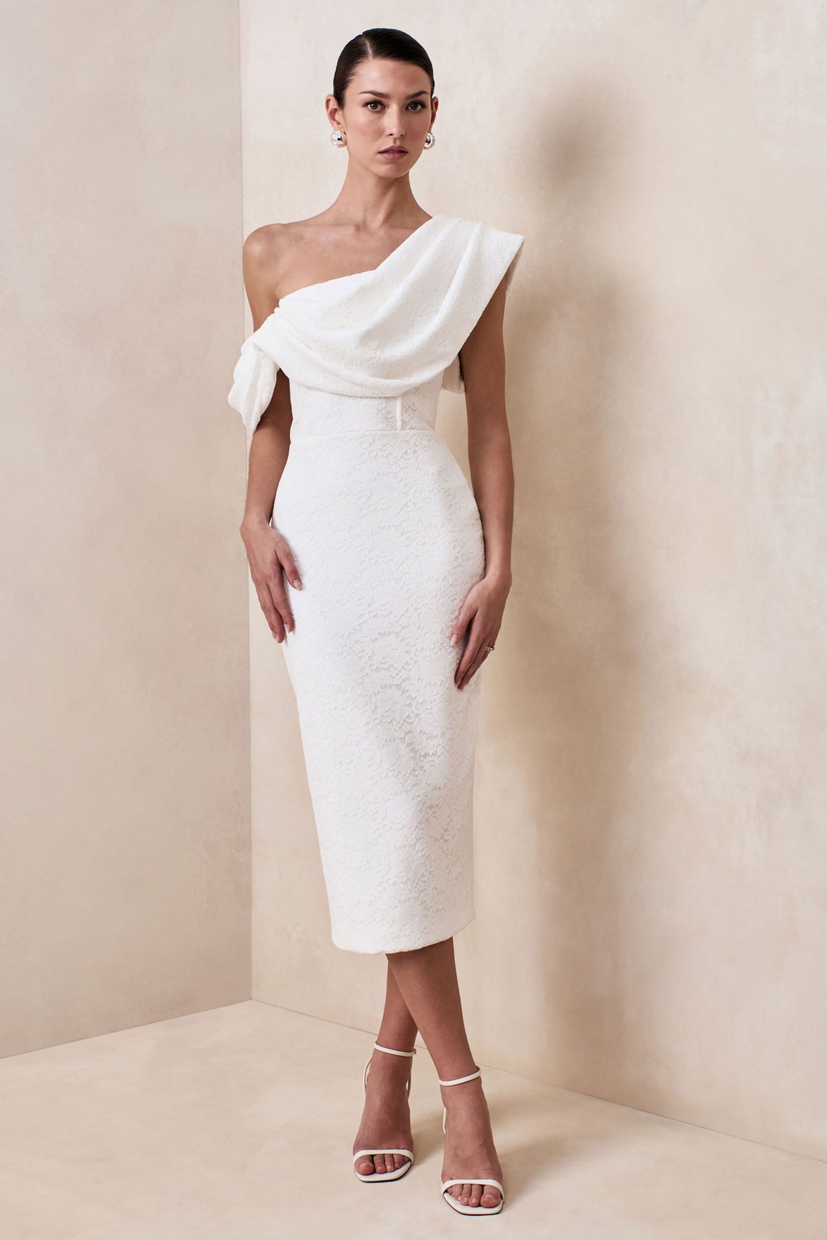Farvera | White Lace Draped Asymmetric-Neck Midi Dress - UK 10 White Farvera | White Lace Draped Asymmetric-Neck Midi Dress - UK 10 White