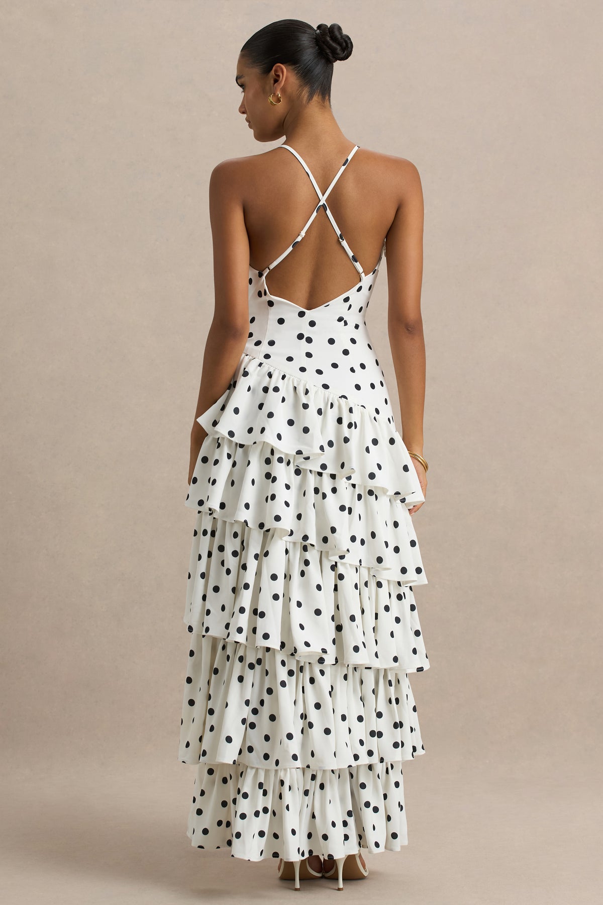 long dress polkadot Bogota Polka Dot Plunge-Neck Maxi Dress With Ruffling Details And Fr – Club L London