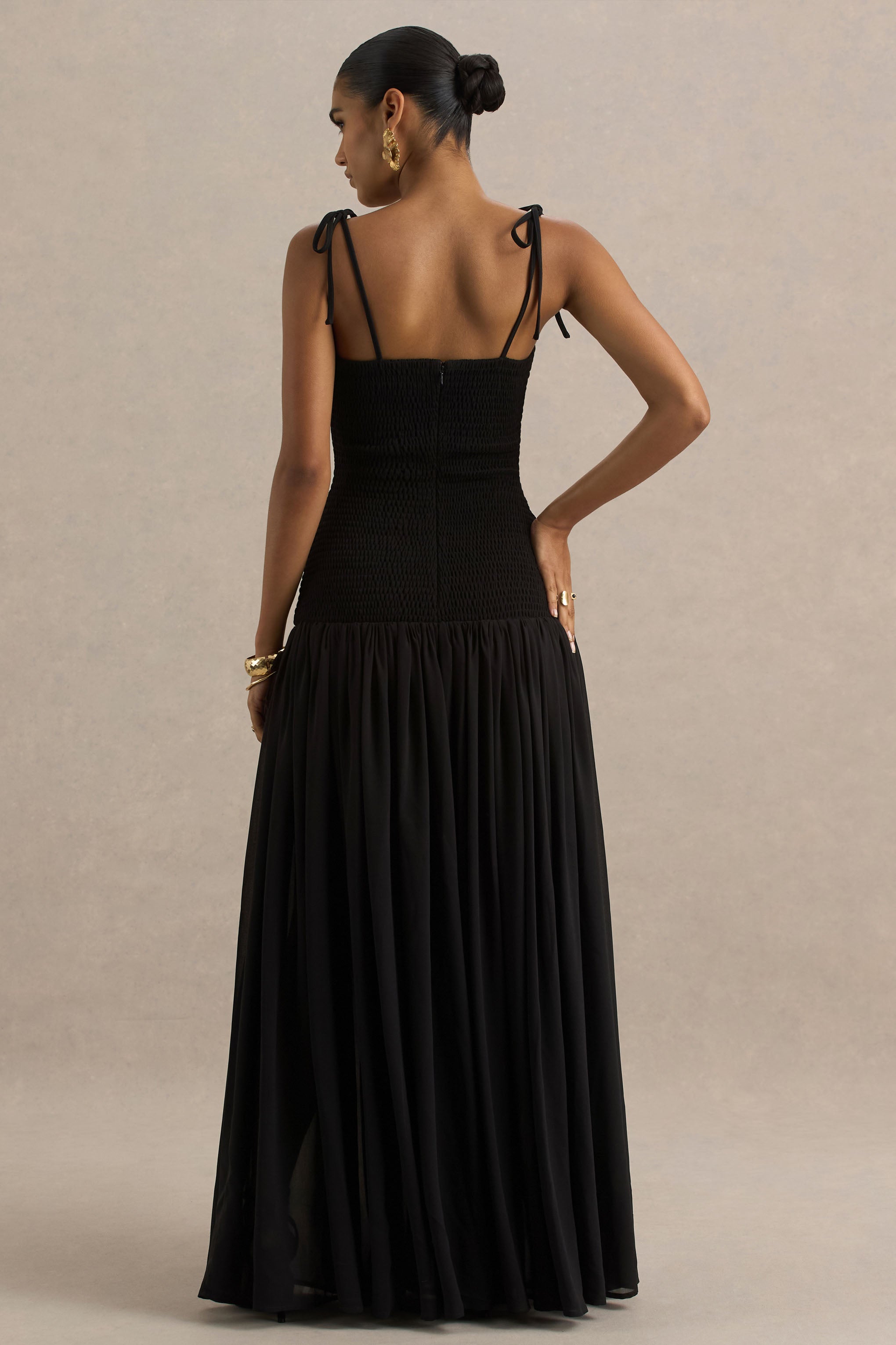 Maeva | Black Square-Neck Fishtail Maxi Dress With Ruched