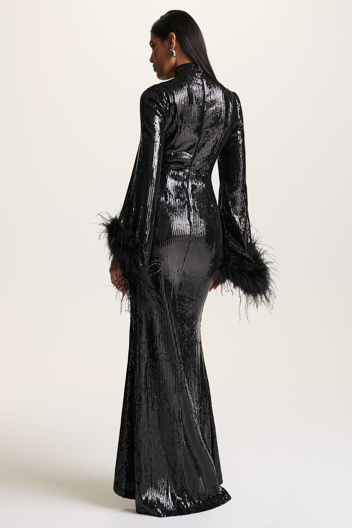 Cosmic Star | Black Sequin High-Neck Maxi Dress With Feather Cuffs - UK 6 Black Cosmic Star | Black Sequin High-Neck Maxi Dress With Feather Cuffs - UK 6 Black