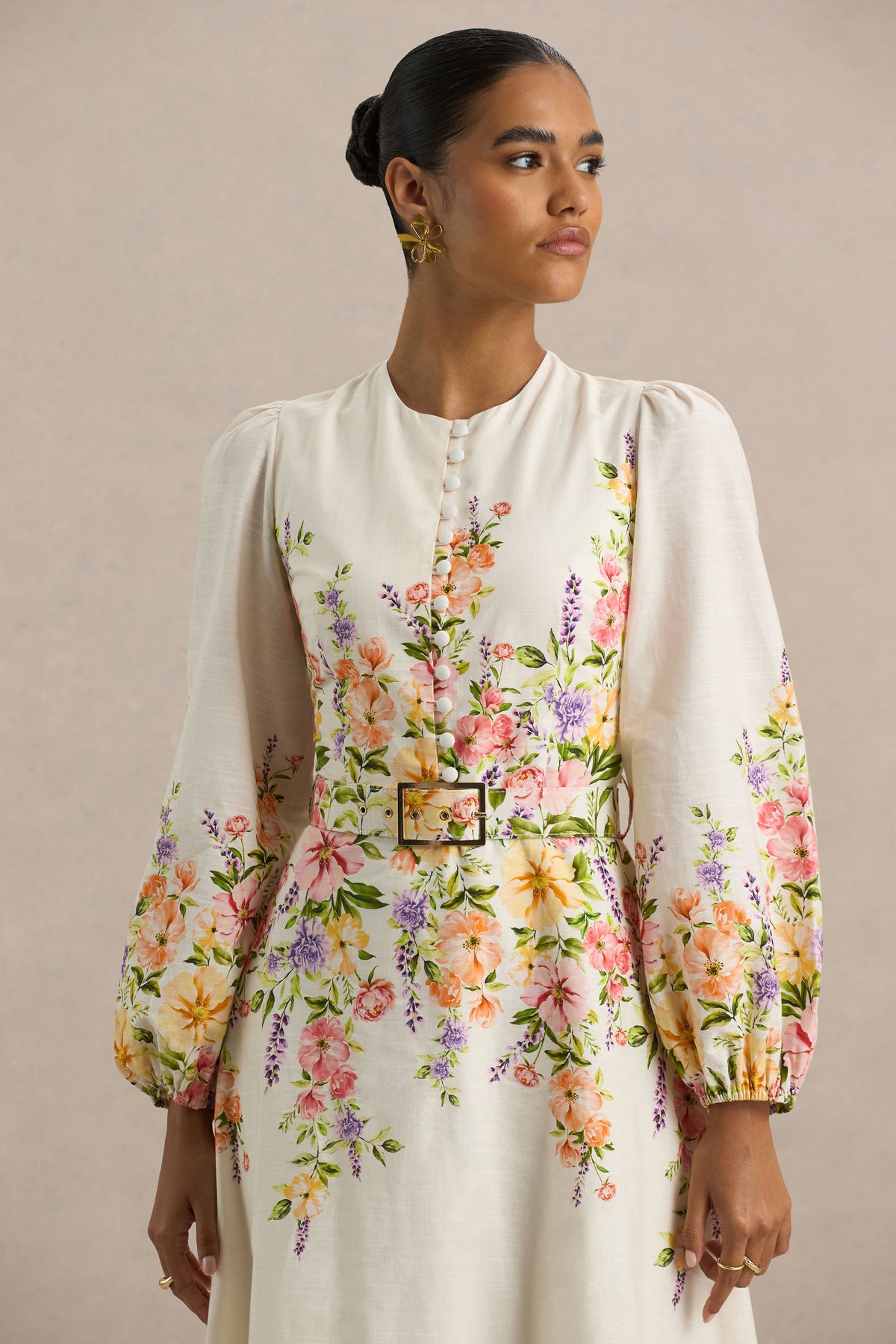 Dahlia | White Floral Border Print High-Neck Midi Dress - UK 6 Floral Border Print Dahlia | White Floral Border Print High-Neck Midi Dress - UK 6 Floral Border Print