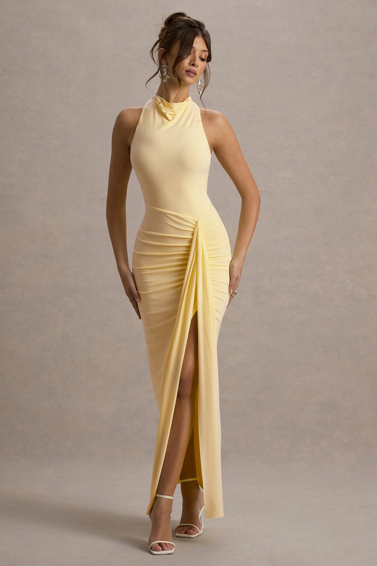 Sunflower Pale Lemon Ruched High-Neck Split Maxi Dress Club L London - USA Sunflower Pale Lemon Ruched High-Neck Split Maxi Dress Club L London - USA