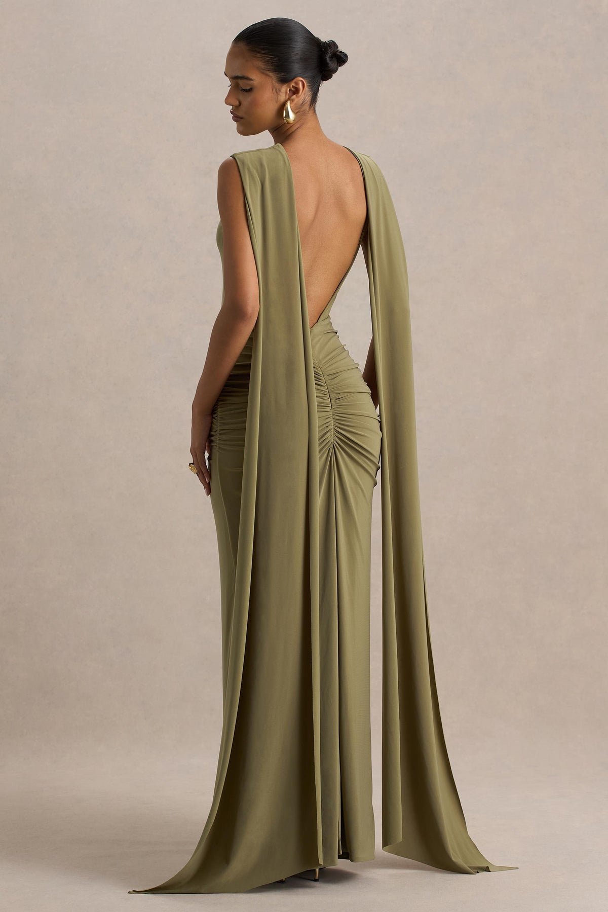 Premiere | Olive Boat-Neck Maxi Dress With Cape-Sleeves And Open-Back - UK 16 Khaki Green Premiere | Olive Boat-Neck Maxi Dress With Cape-Sleeves And Open-Back - UK 16 Khaki Green