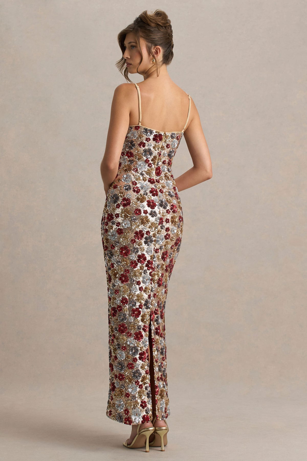 Vitora Red Floral Embellished Sequin Square-Neck Maxi Dress Club L London - USA Vitora Red Floral Embellished Sequin Square-Neck Maxi Dress Club L London - USA