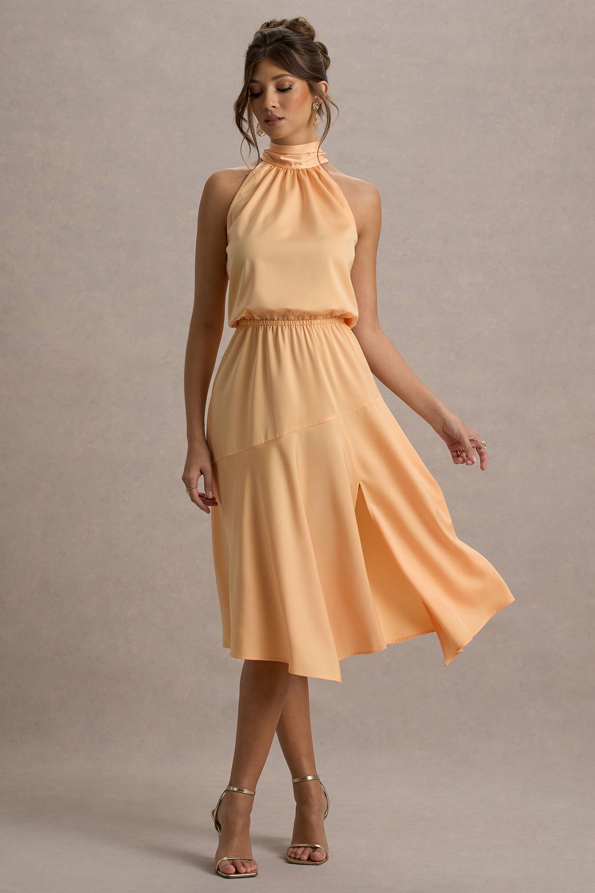 Palonia Peach Satin High-Neck Split Midi Dress Club L London - USA Palonia Peach Satin High-Neck Split Midi Dress Club L London - USA