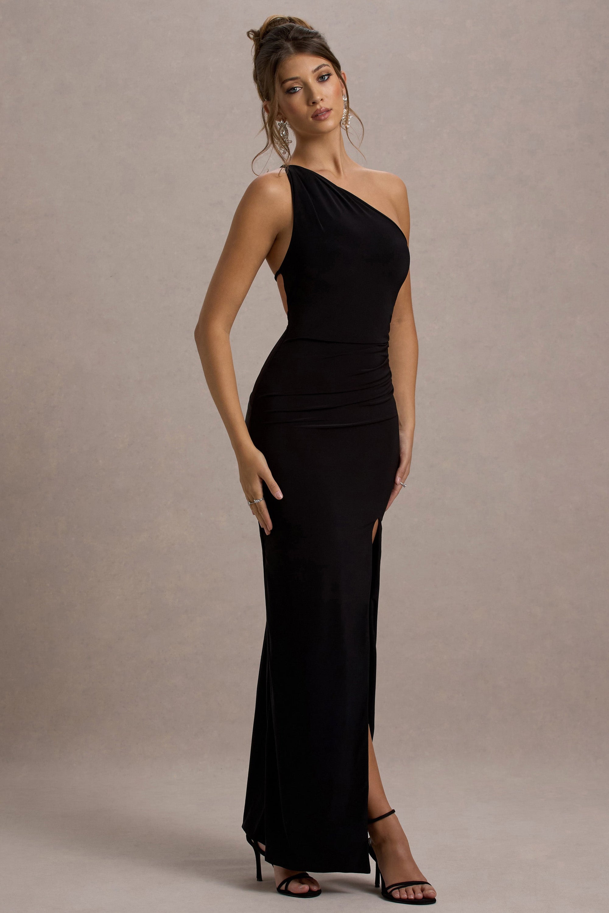 Dressing Up | Black One Shoulder Maxi Dress With Open Back Detail - Club L London - USA