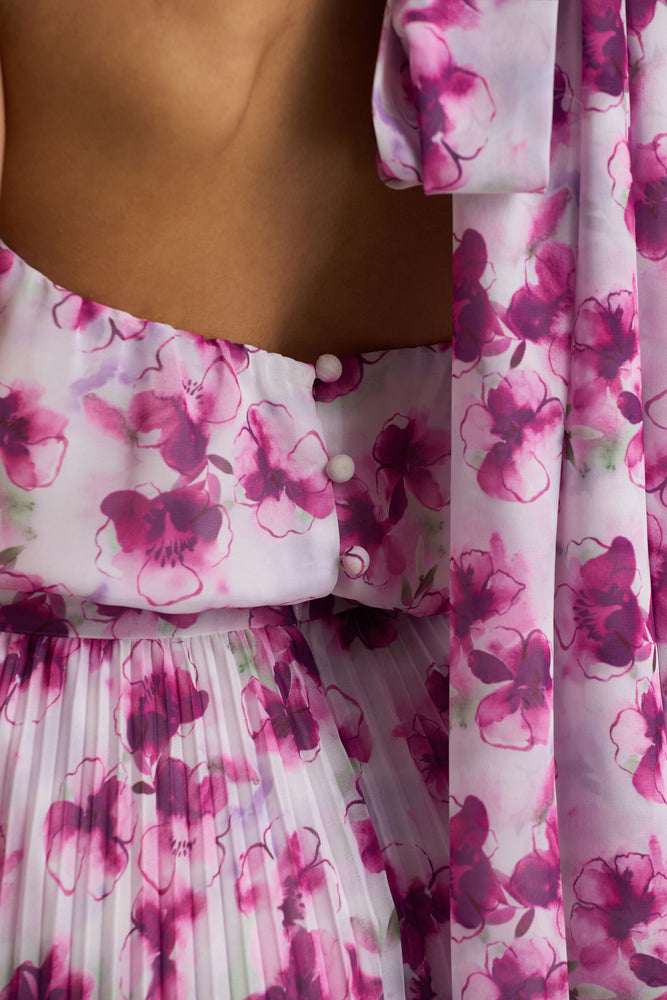 Refractive Purple Floral Print Satin Maxi Dress With Halter