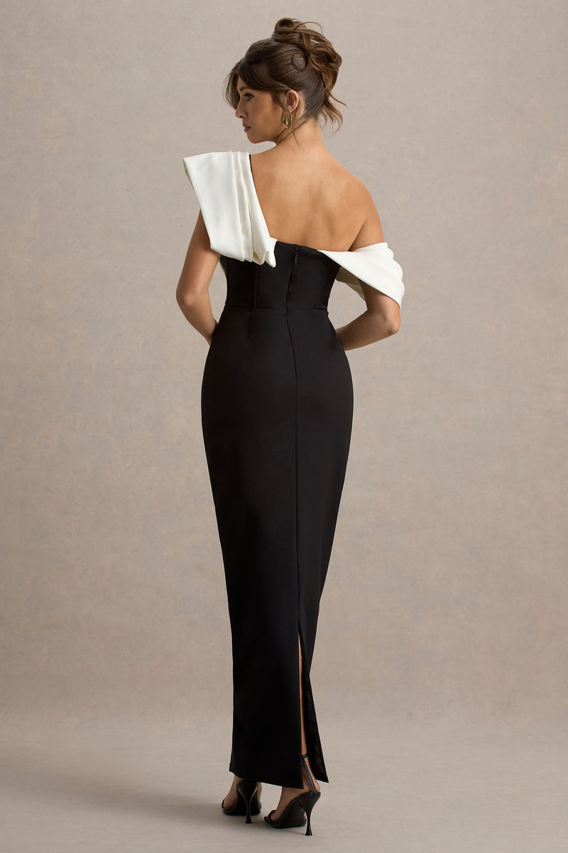 Eva | Black & White Bardot Bow Detail Maxi Dress With Thigh Split – Club L London
