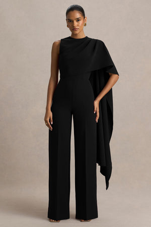 Sorenia | Black High-Neck Jumpsuit With One-Cape Sleeve – Club L