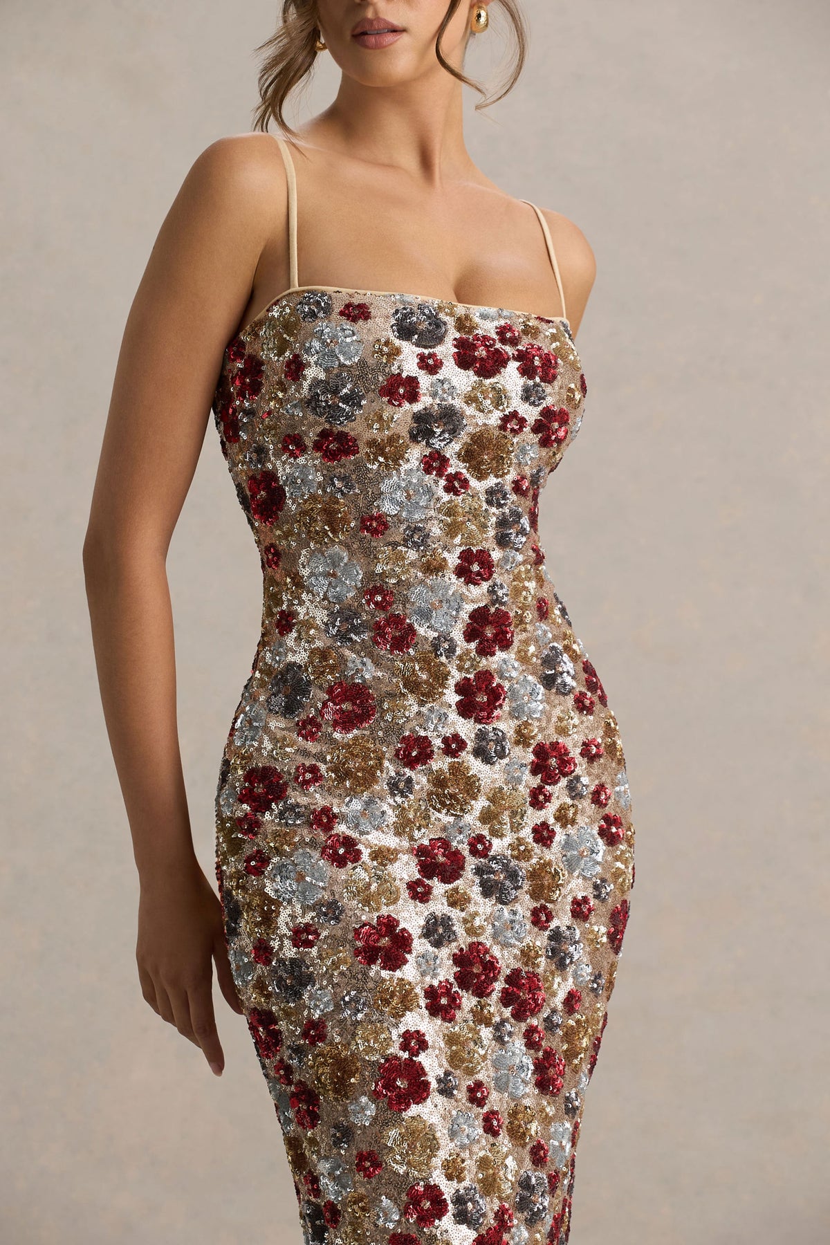 Vitora Red Floral Embellished Sequin Square-Neck Maxi Dress Club L London - USA Vitora Red Floral Embellished Sequin Square-Neck Maxi Dress Club L London - USA