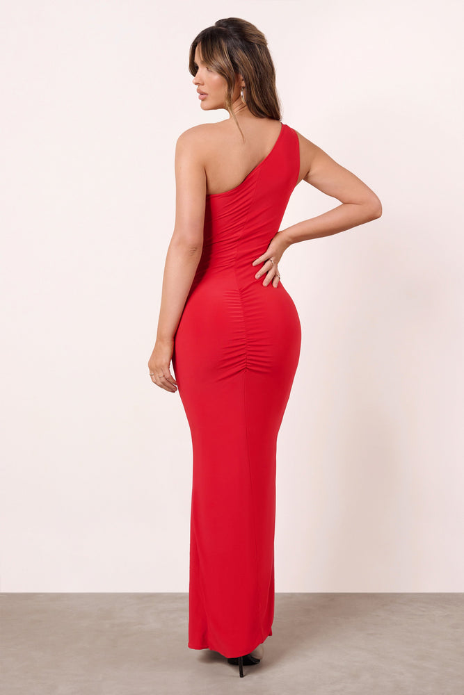 You're The One | Raspberry One Shoulder Ruched Split Maxi Dress