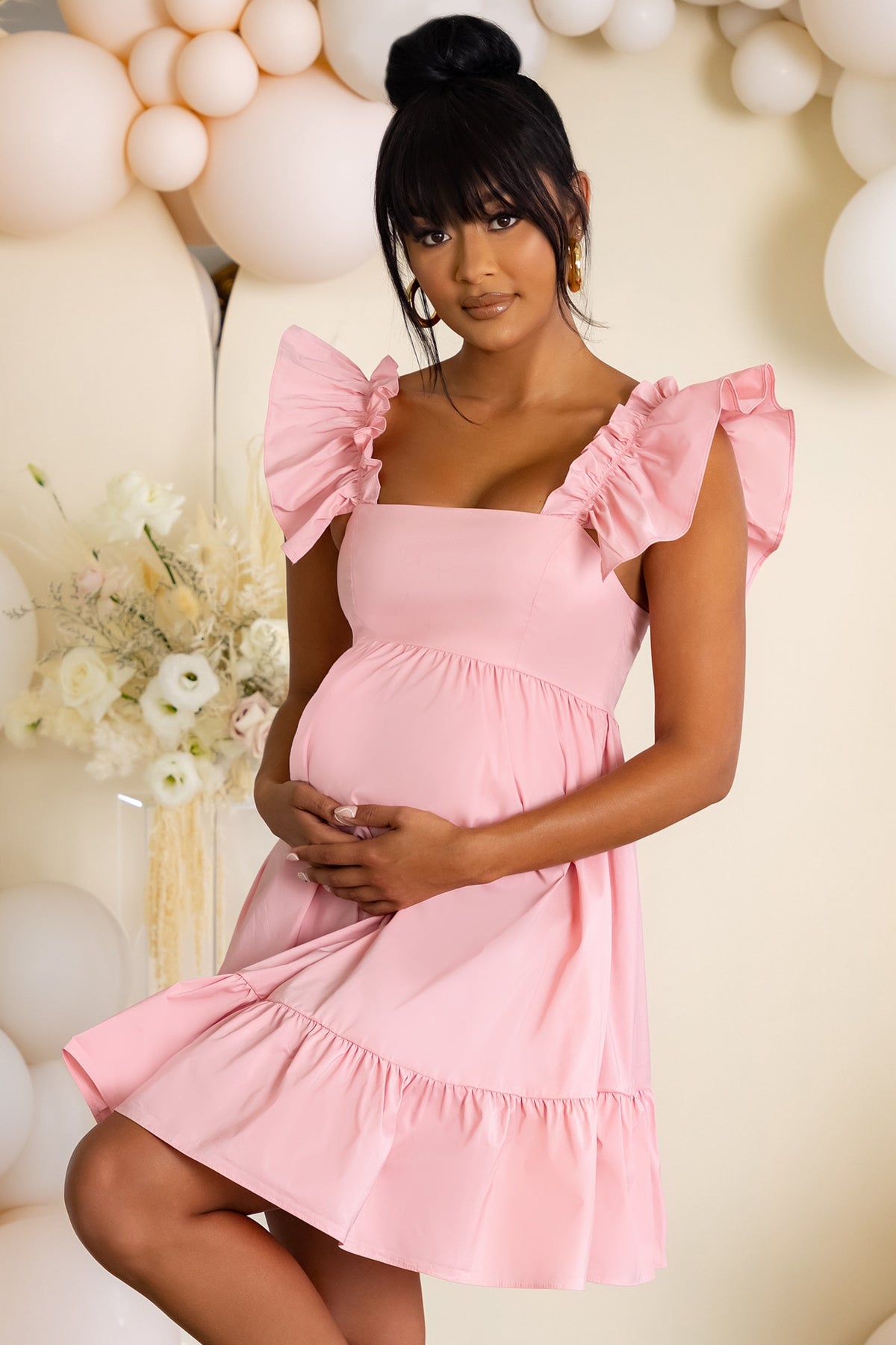 Dolly Daze Pink Maternity Ruffle Sleeve Babydoll Mini Dress – Club