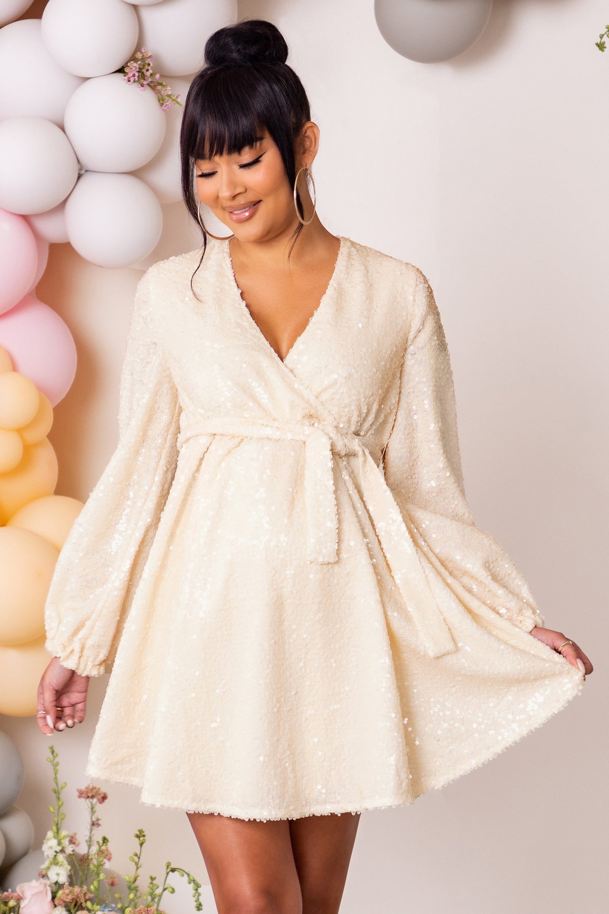 Blossoming | Cream Maternity Wrap Front Sequin Mini Dress