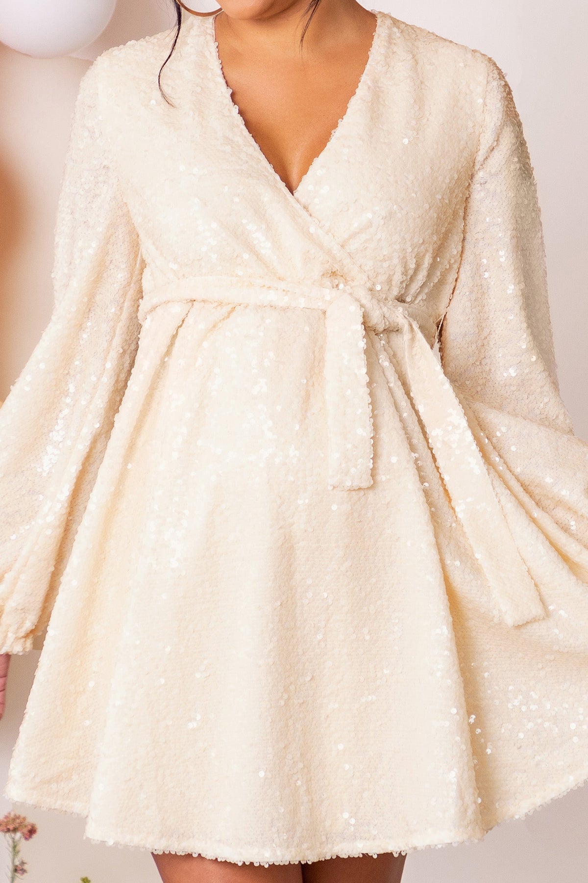 Blossoming | Cream Maternity Wrap Front Sequin Mini Dress