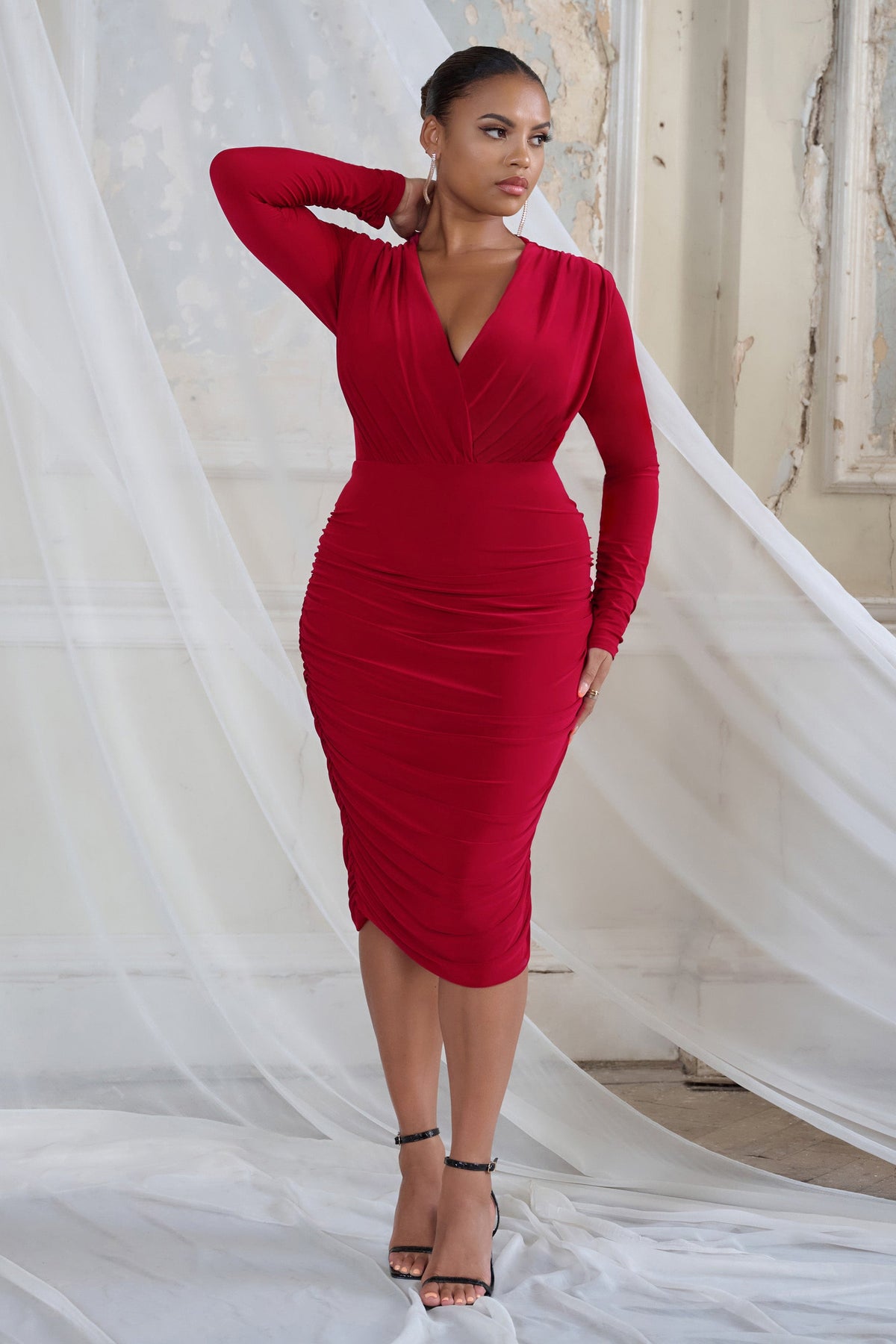 Red Slinky Cowl Wrap Detail Backless Bodycon Dress