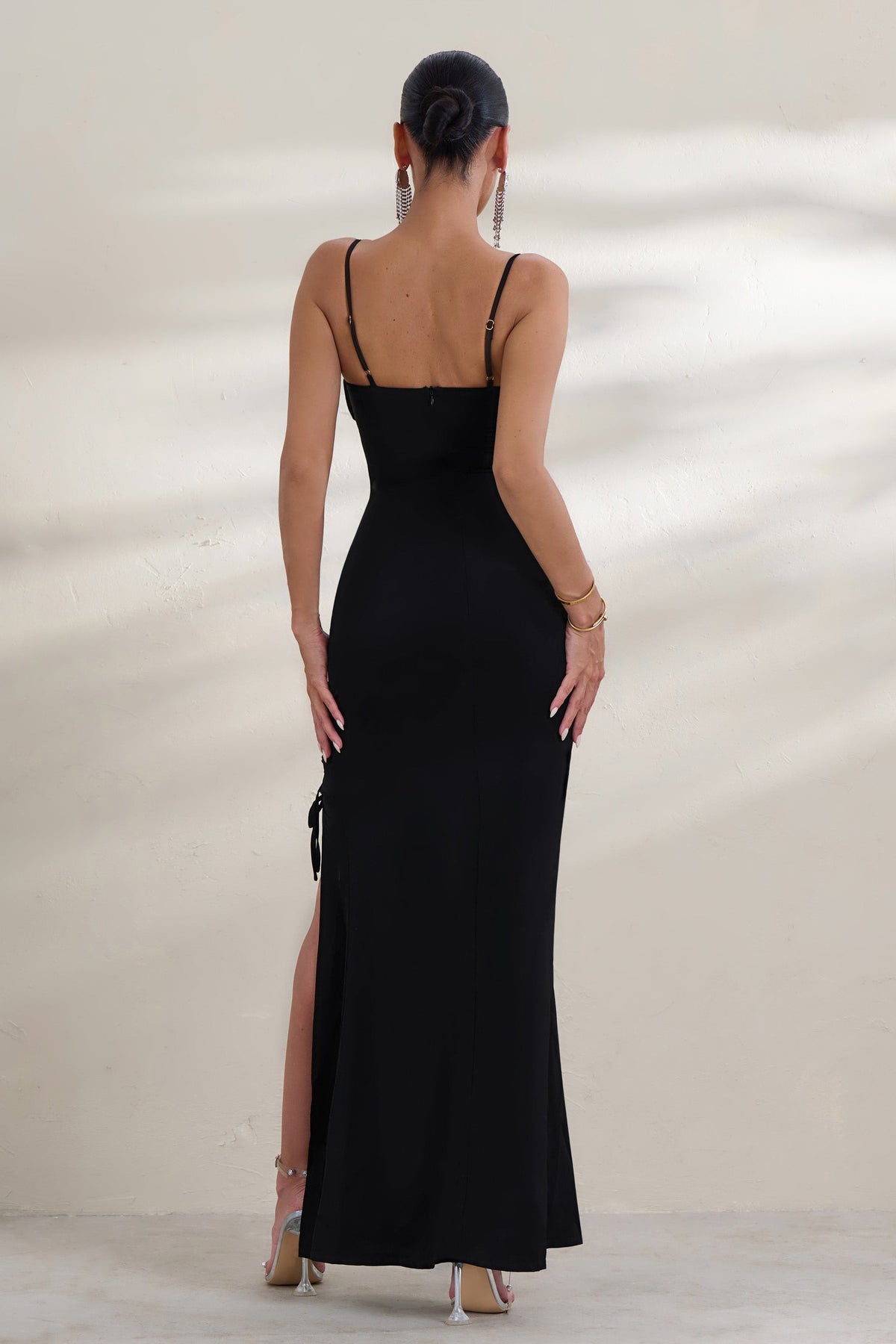 On Show | Black Lace Up Detail Split Leg Maxi Dress