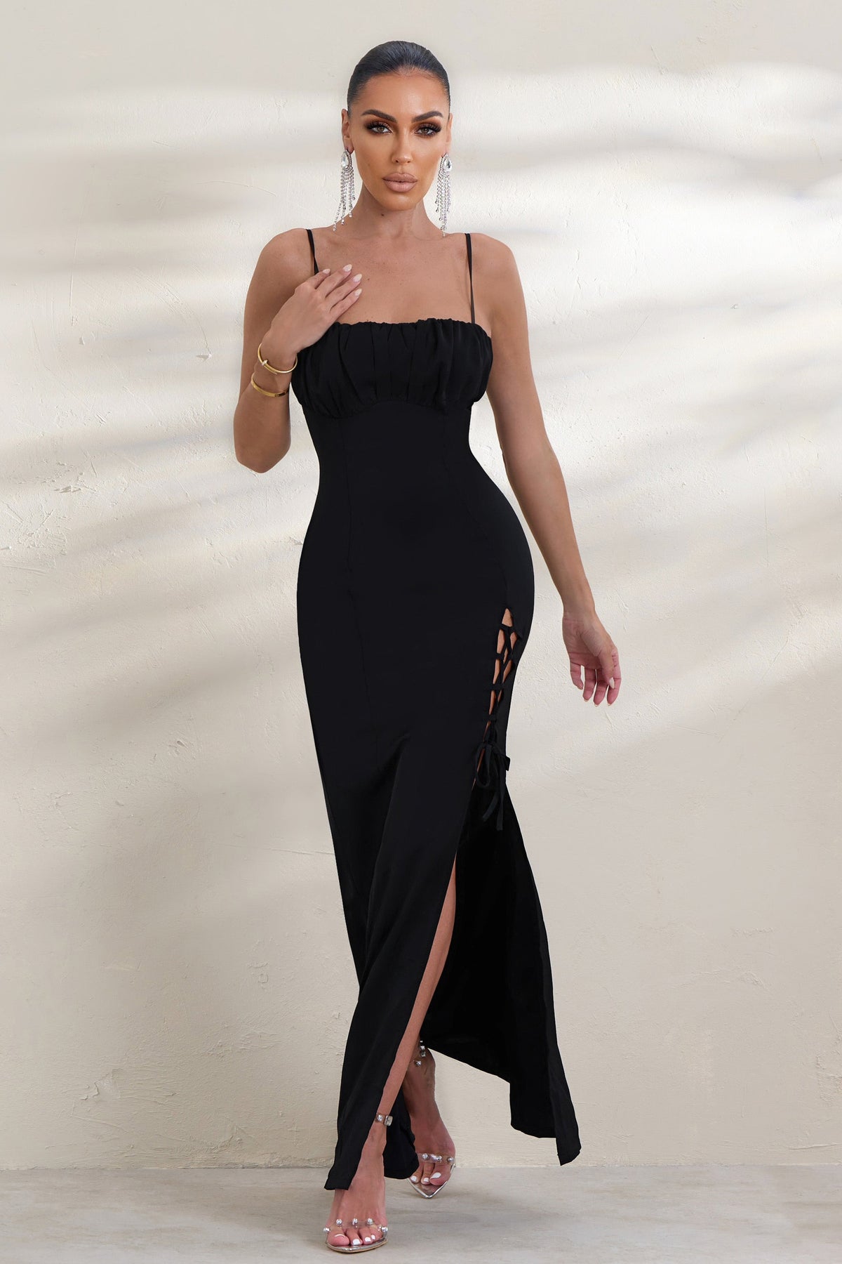 On Show | Black Lace Up Detail Split Leg Maxi Dress