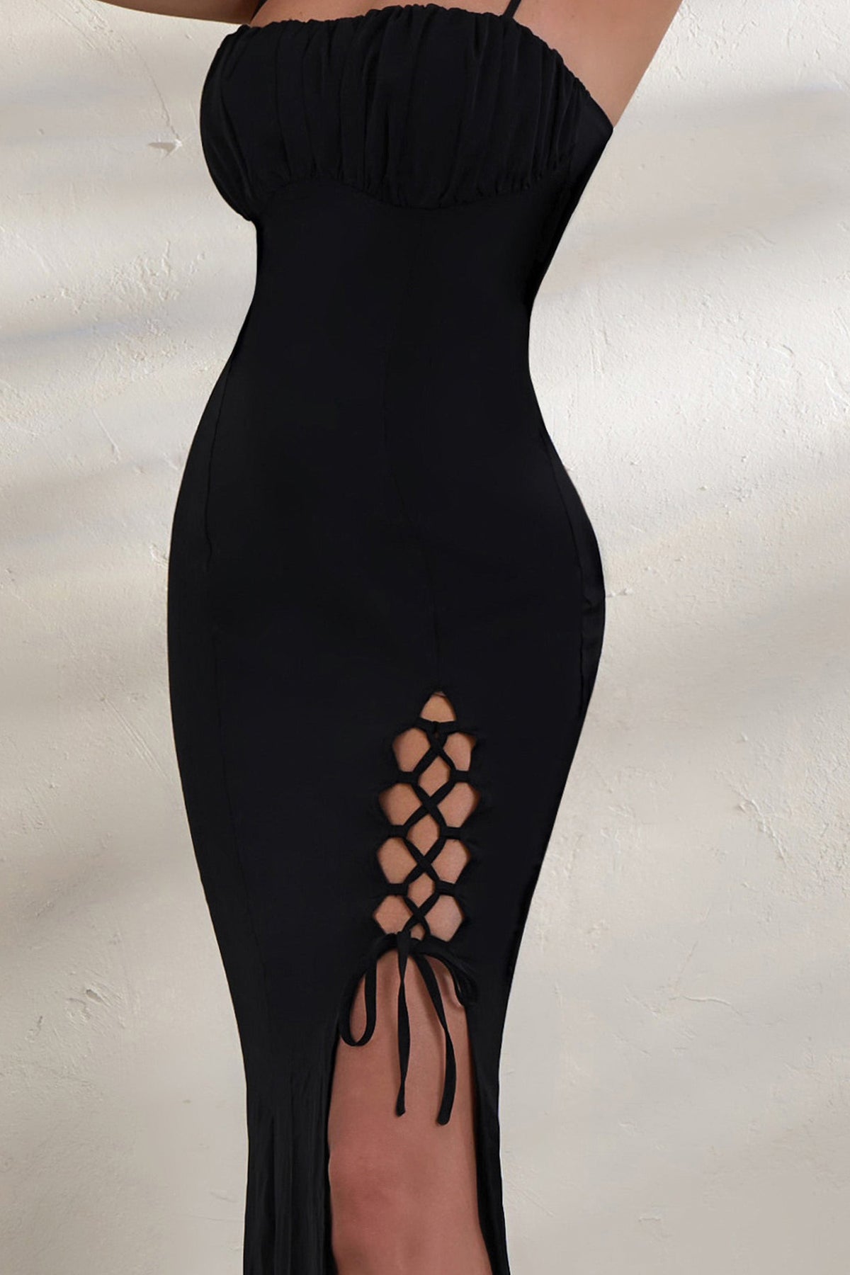 On Show | Black Lace Up Detail Split Leg Maxi Dress