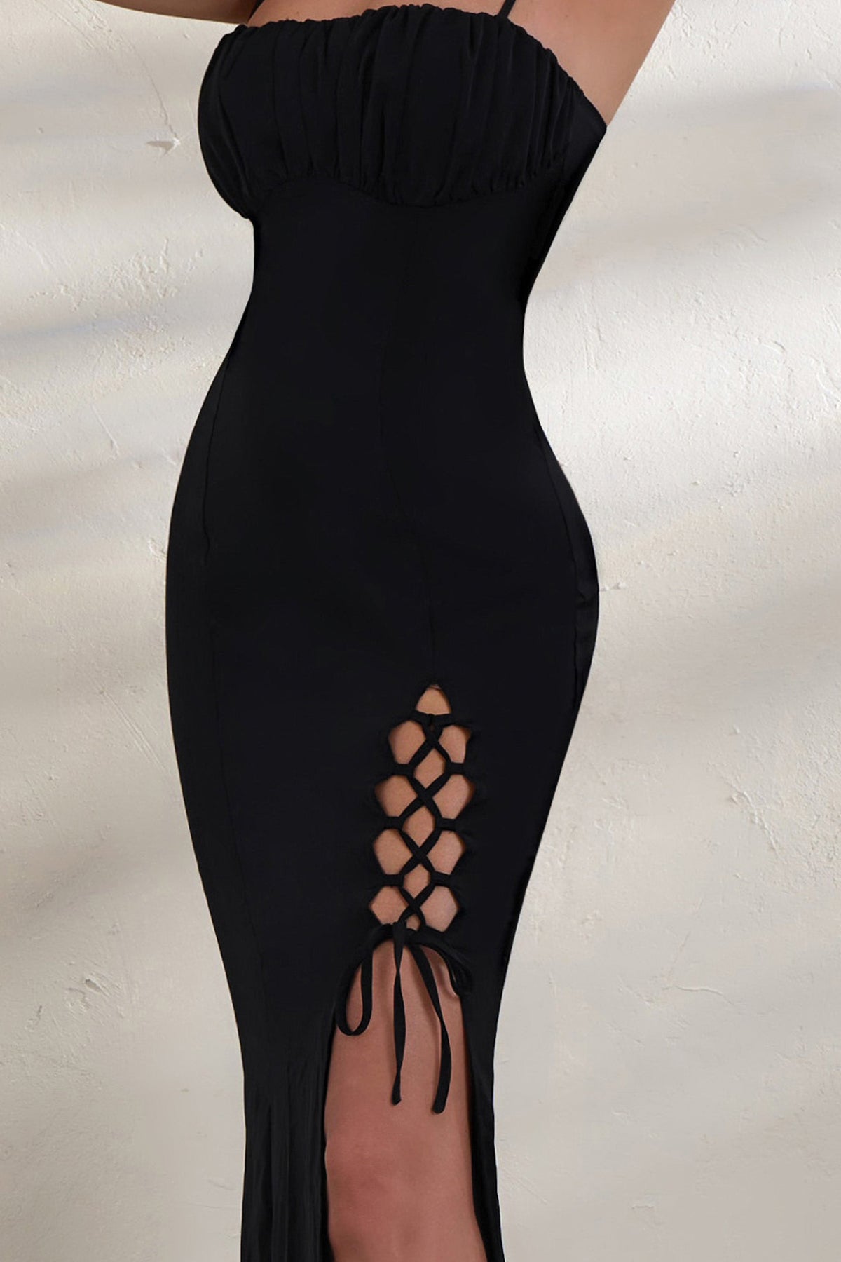 On Show Black Lace Up Detail Split Leg Maxi Dress – Club L London - USA