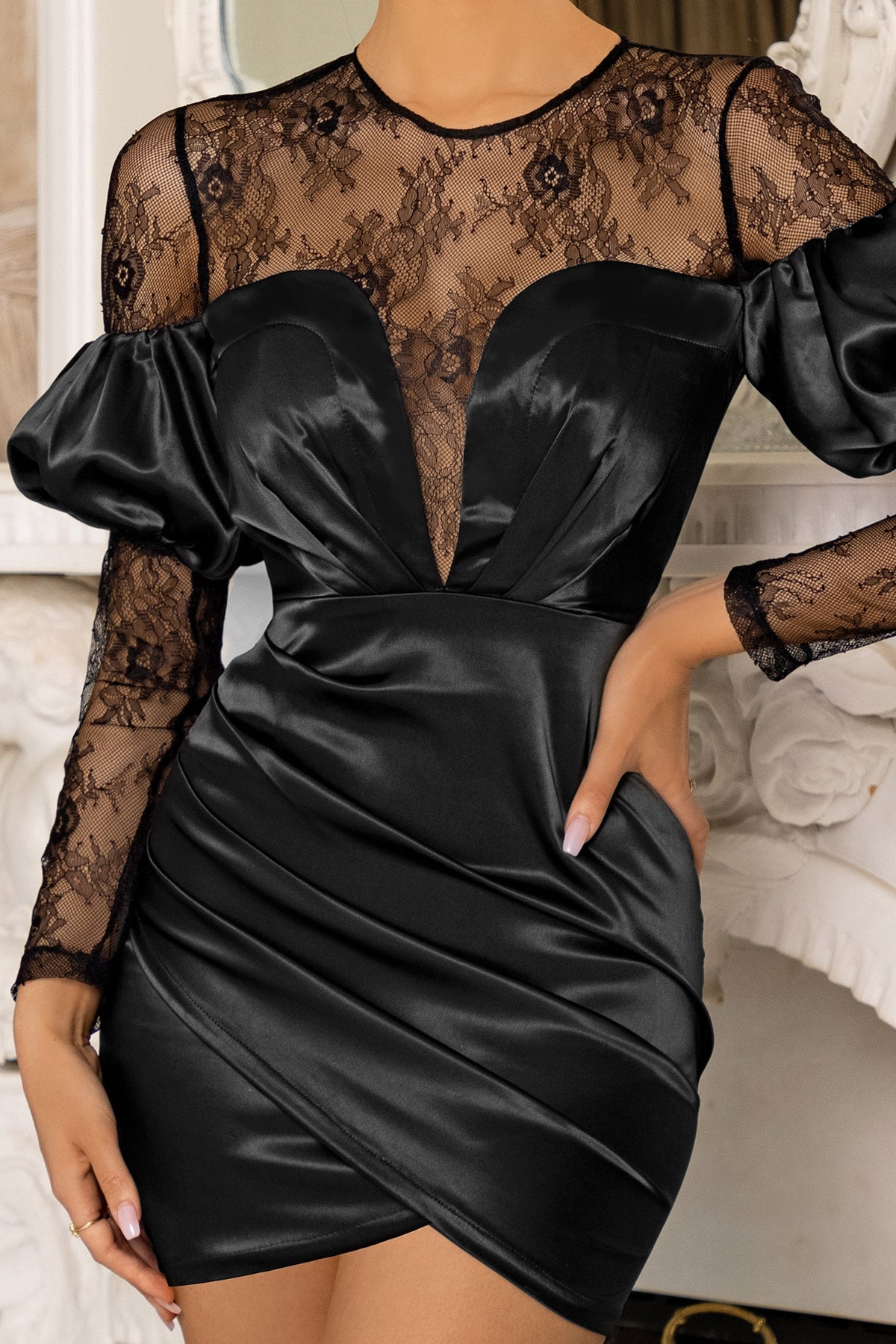 For You Black Bardot Lace Detail Satin Mini Dress – Club L London